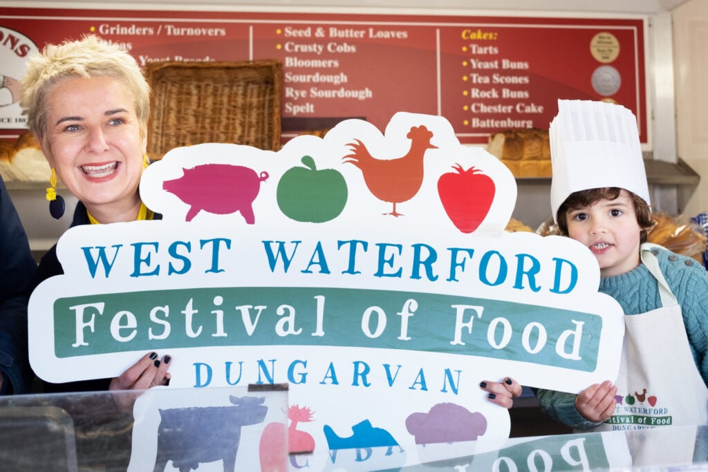 Eunice Power, festival director with Teddy Drohan aged 4 at Dungarvan Farmers' Market launching this year’s West Waterford Festival of Food
