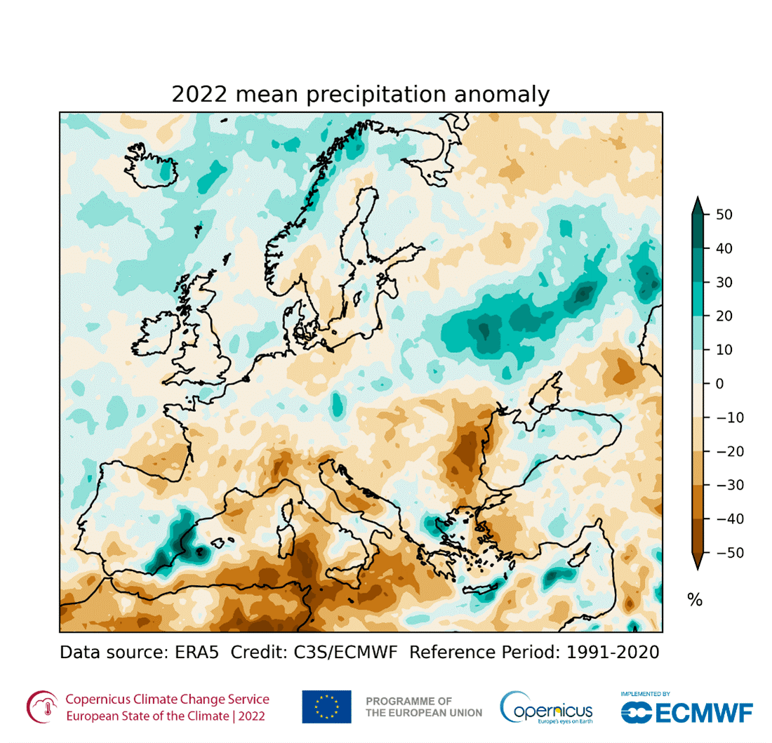 Annual precipitation anomalies (%) over Europe for 2022, expressed as a percentage of the annual average for the 1991–2020 reference period. Data source: ERA5. Image: C3S/ECMWF/KNMI