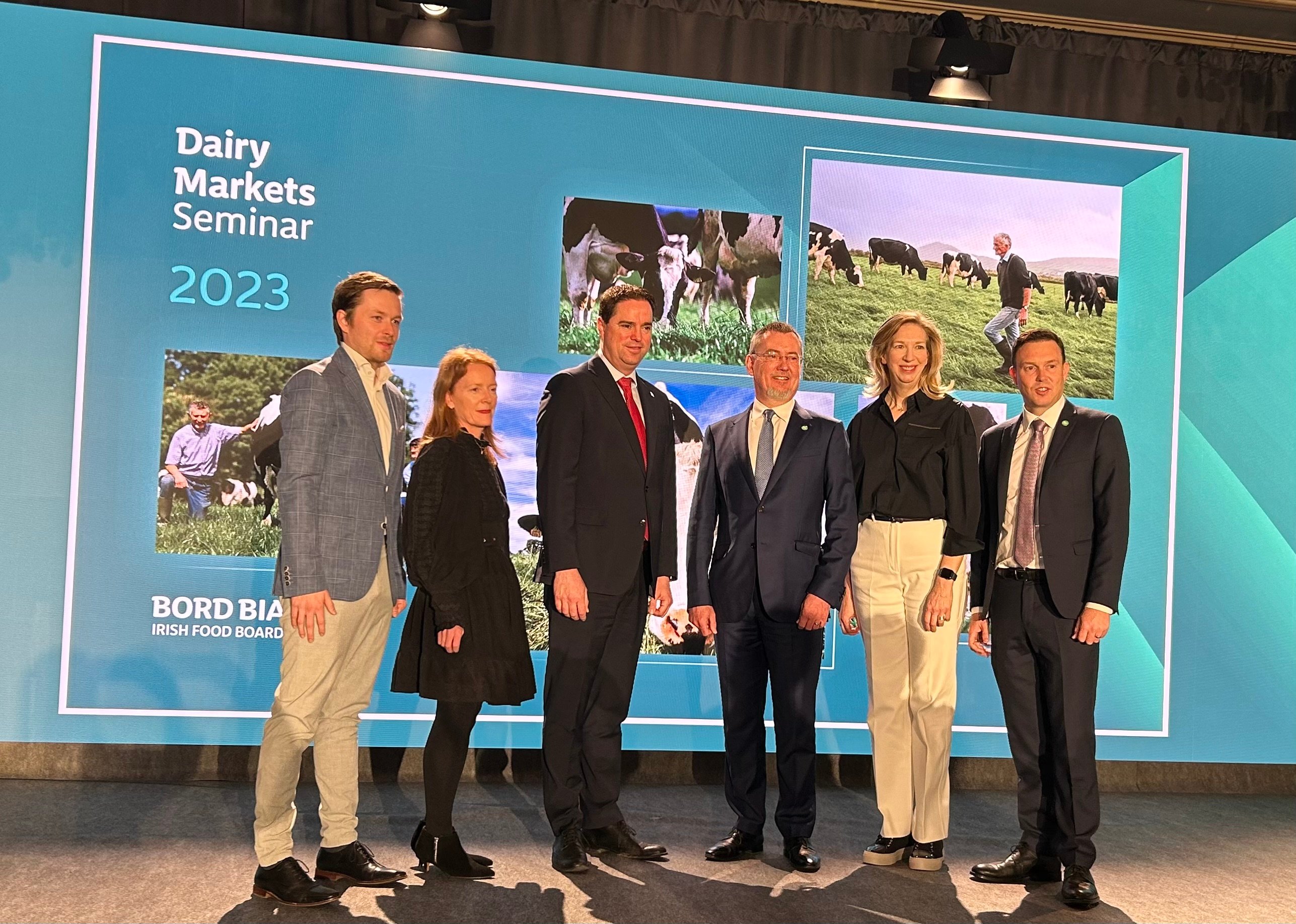 Minister Martin Heydon with the chief executive of Bord Bia, Jim O'Toole and key speakers at the annual Dairy Markets Seminar in Co. Kildare