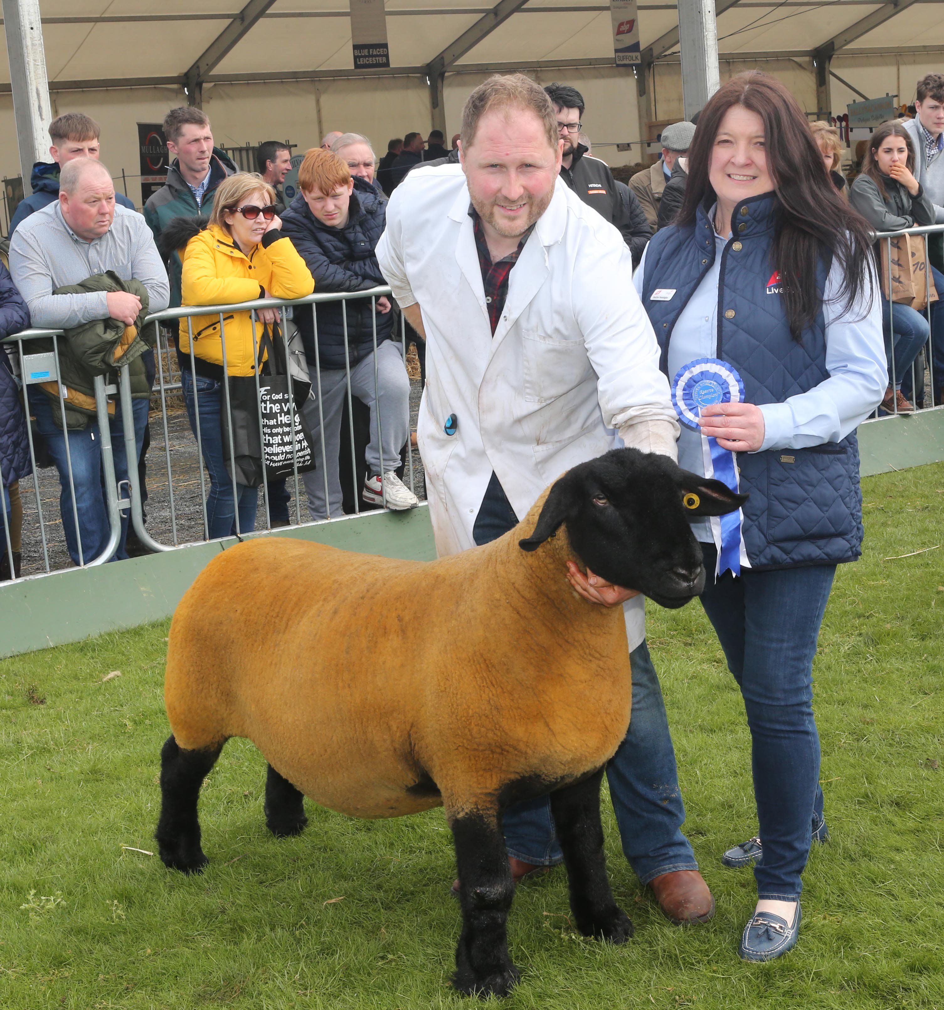 Reserve Suffock female champion  Suffolk Norman Robinson with Sponsor Heather Pennington form ABP at The Royal Ulster Agricultural Society (RUAS) Balmoral Show held in partnership with Ulster Bank.