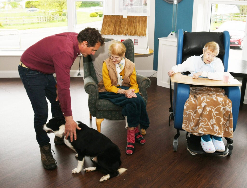 Ave Maria nursing home sheepdog exhibition with Paul Walker and Birch the dog, Ellen Moran and Bridget O'Brien. Image: John O'Grady