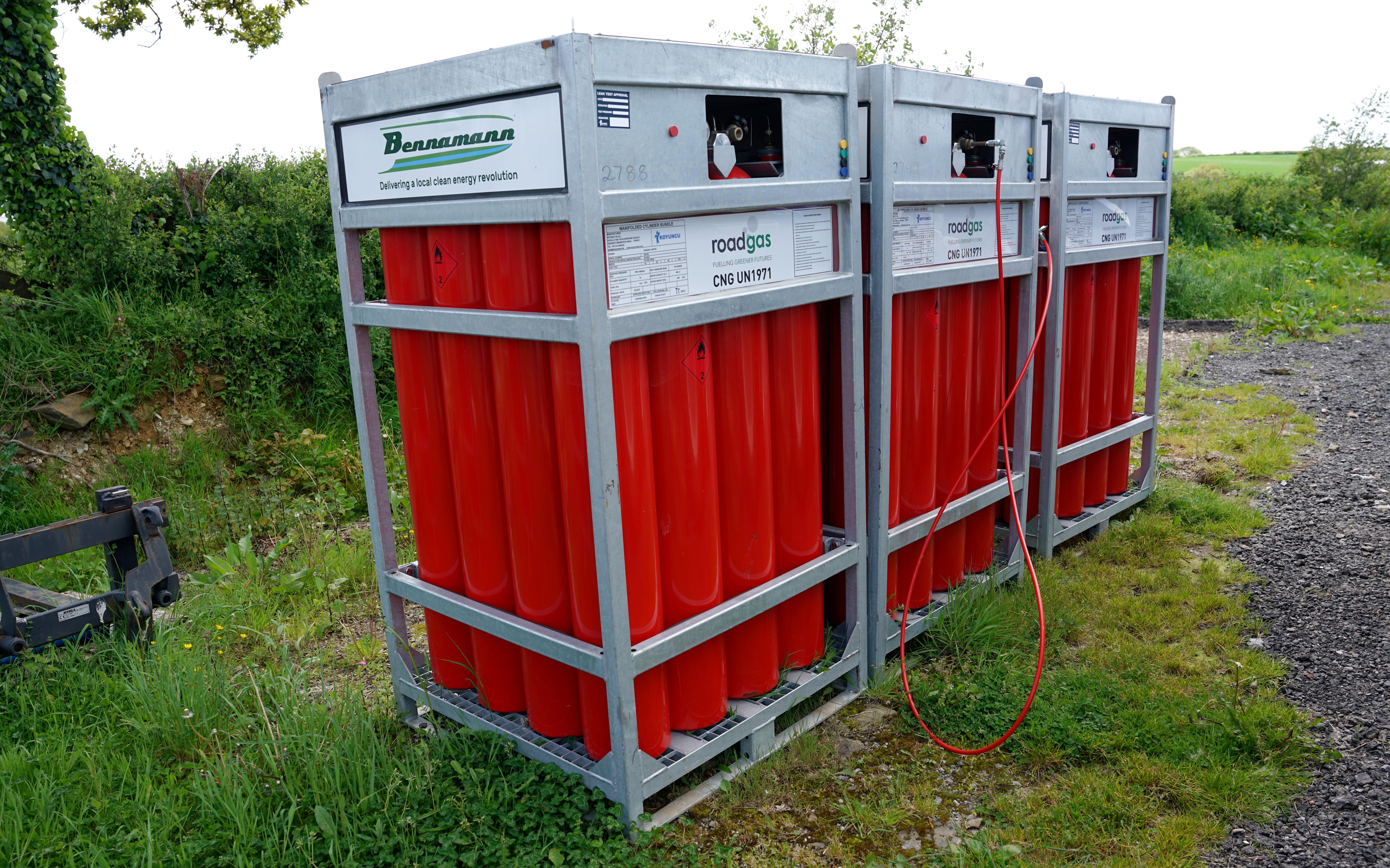Once cleaned and compressed the methane is stored on farm in three banks of bottles