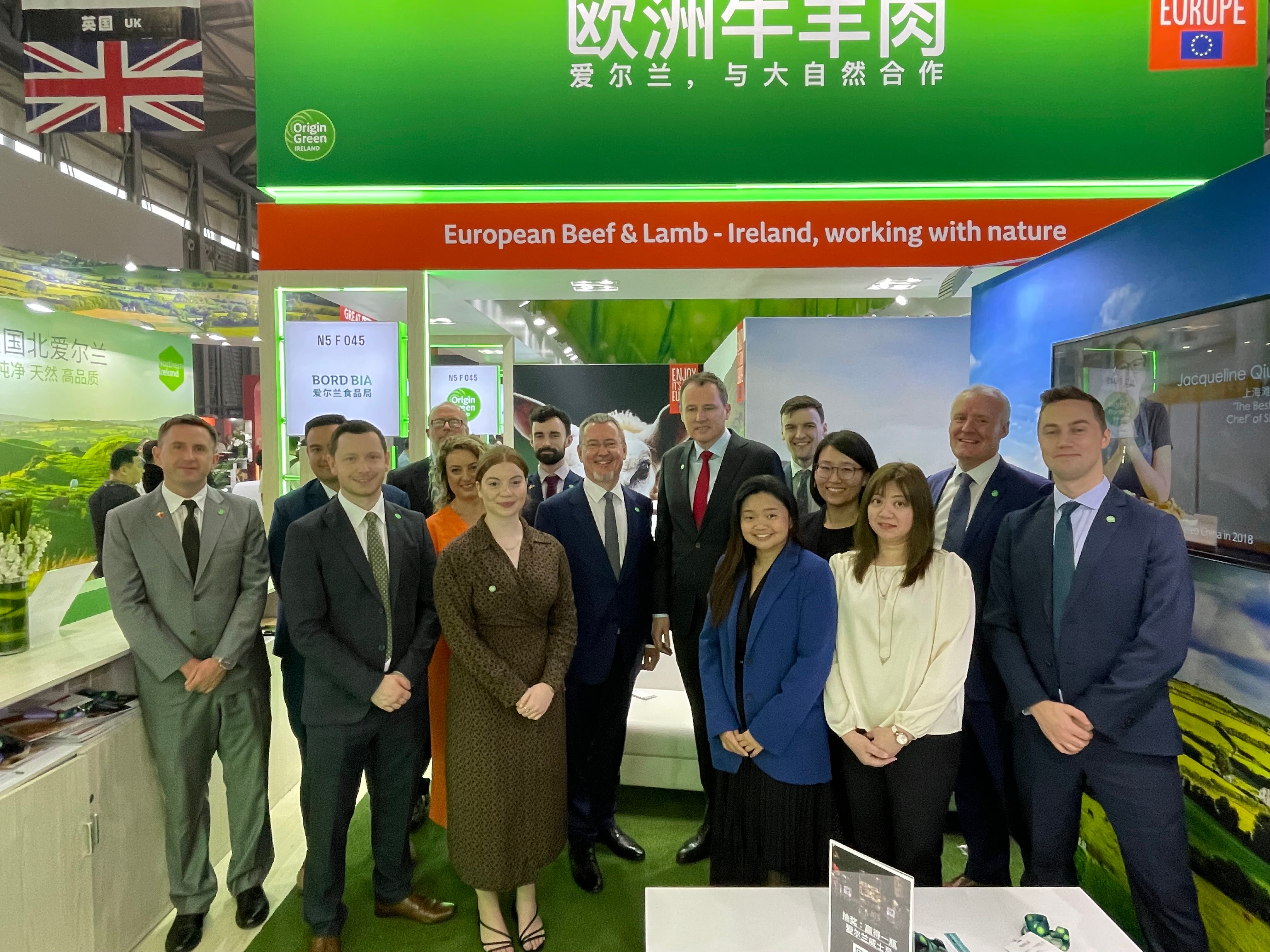 Minister for Agriculture, Food and the Marine, Charlie McConalogue (centre) pictured with Bord Bia staff in attendance at SIAL, Shanghai