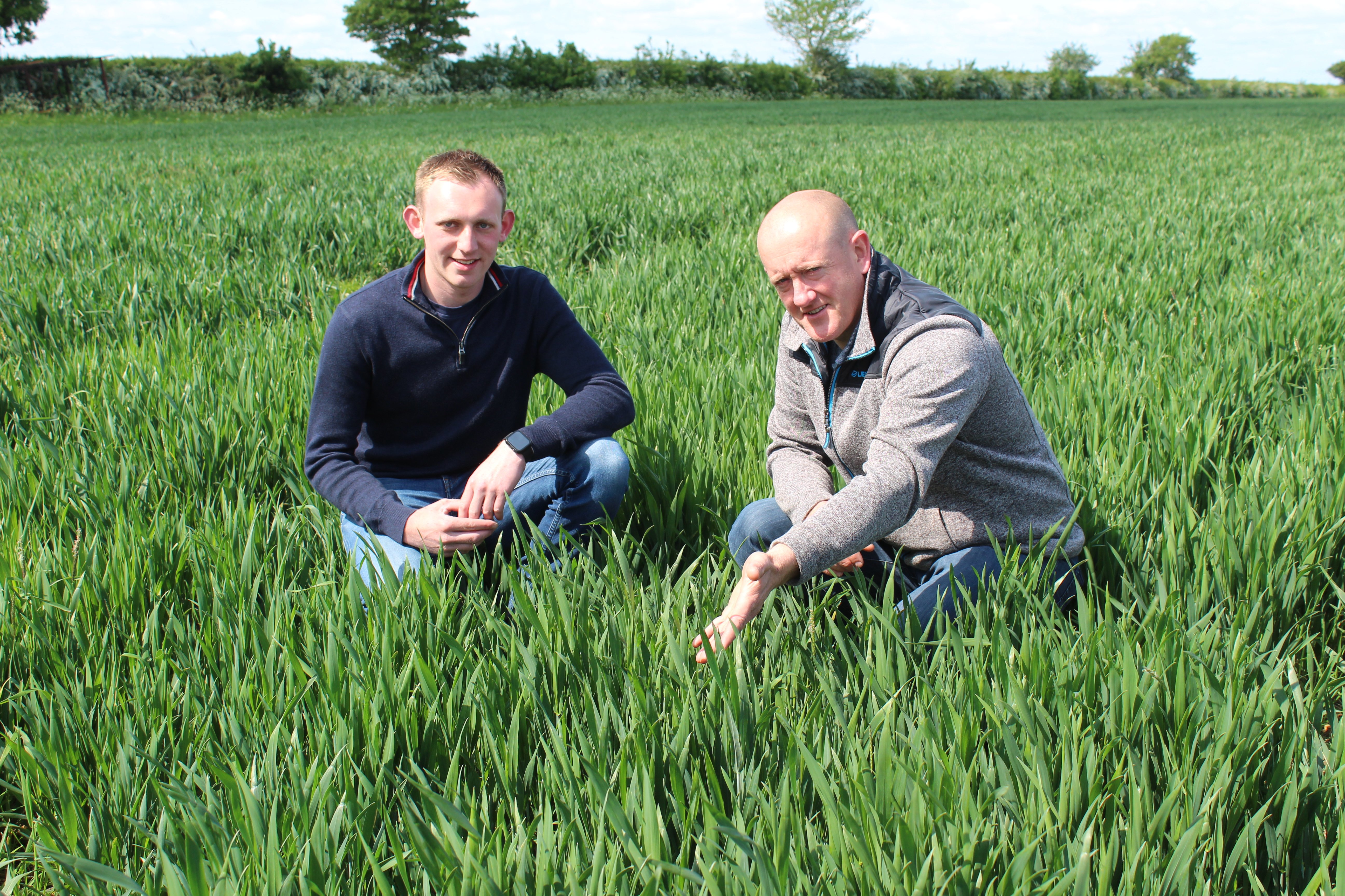 Discussing the 2023 winter wheat trials at Stow Longa in Cambridgeshire. L-R: Ross Woodward, John McElderry Tractors and Lemken's Derek Delahunty
