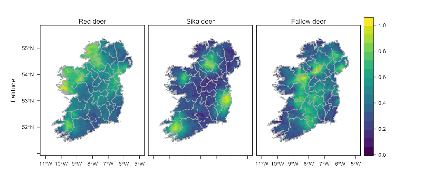 Deer distribution and relative density of the 3 most widespread deer species in Ireland up to 2022 Image: SMARTDEER Ireland