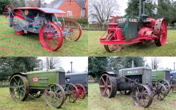 The collection includes these four vintage tractors, with the drum driven Grey 18-36 (top left) taking pride of place