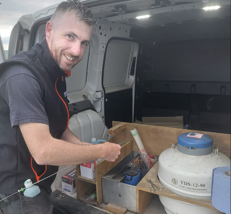 Tom Drislane is the AI technician on the farm