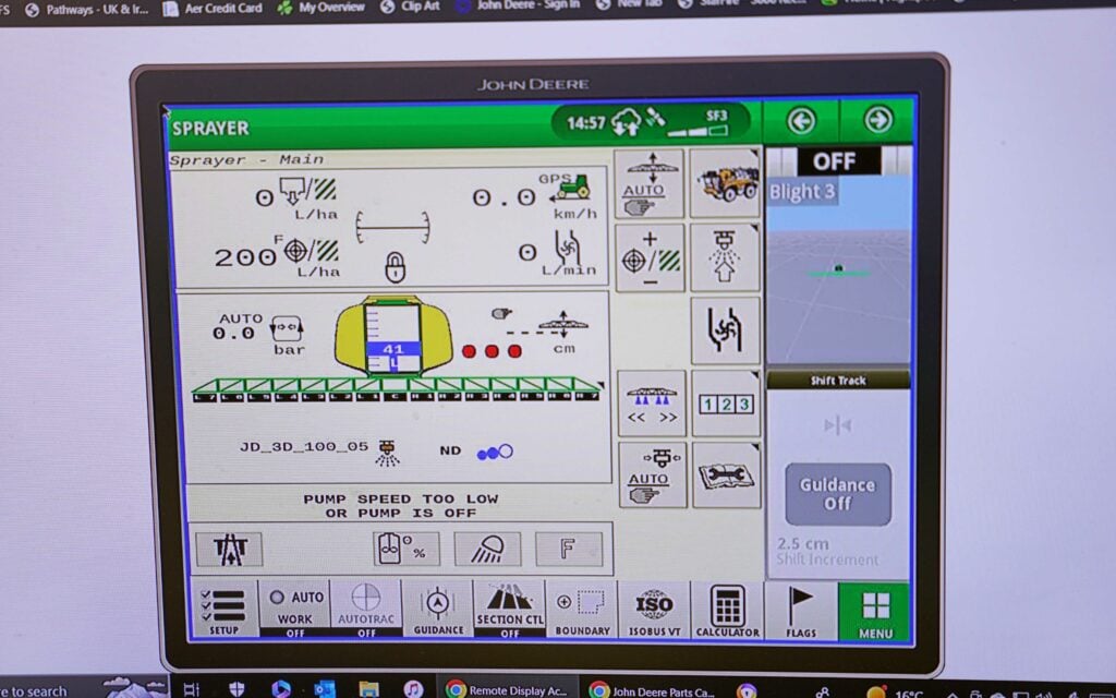 Tractor screens can be mirrored on any device that has access to the farmer's JD Operations Centre. Here the the screen for the Mazzotti sprayer is being shown on the office PC in real-time