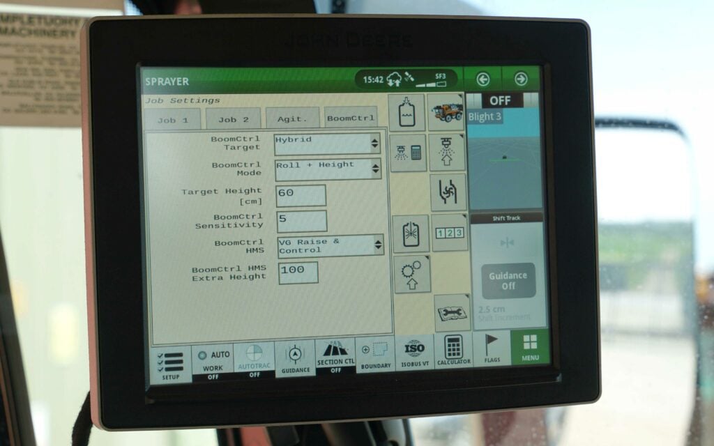 The in-cab screen of the Mazzotti sprayer allows selection of pre-determined mixes