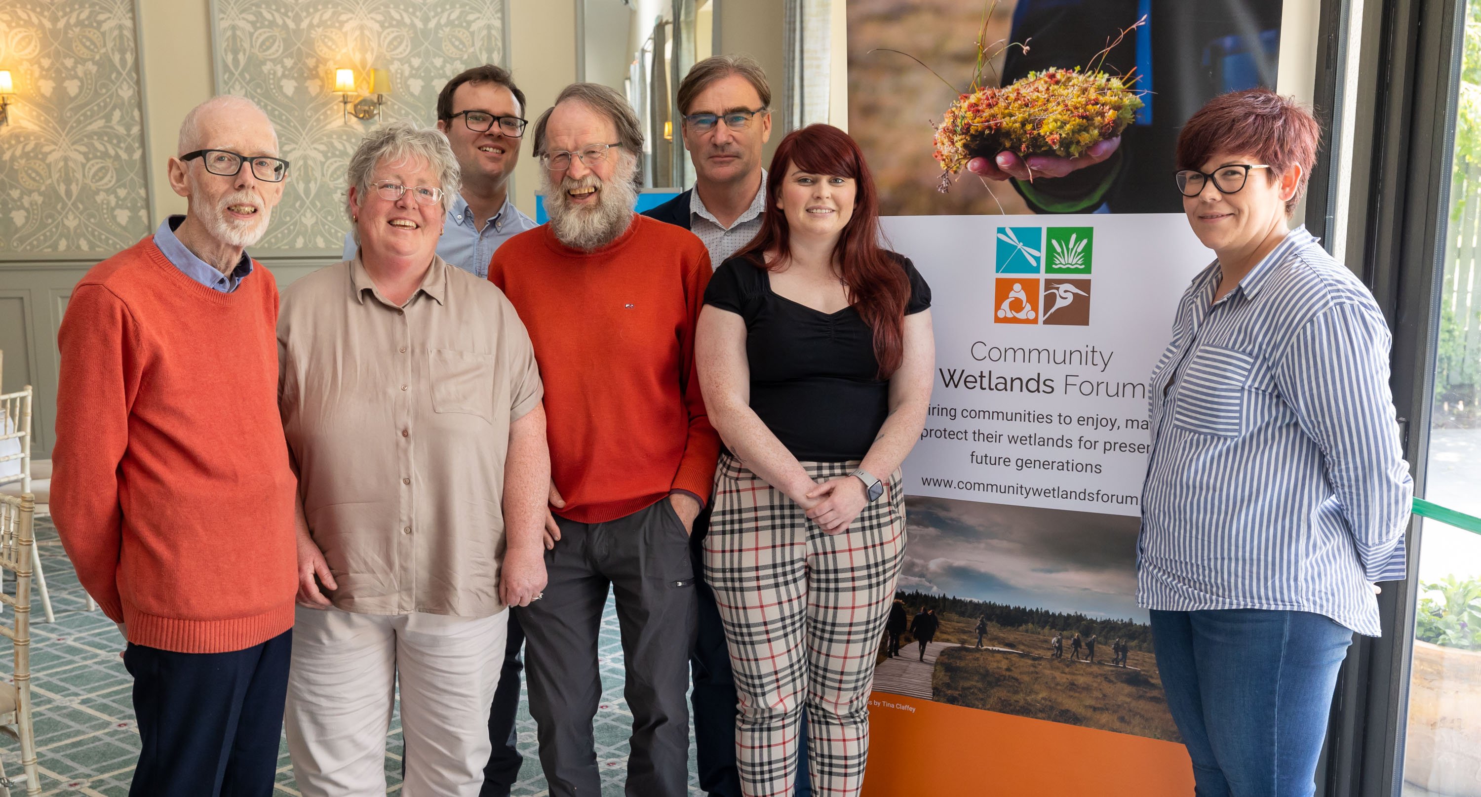 At the recent Wetlands Forum conference were (L-R): Laurence Fullam, director CWF; Mary Mulvey, director CWF; Mícheál Callaghan, development officer CWF; Jim Ryan, CWF; Eddie Smyth, chairperson CWF board of directors; Aoife Kirk, Connecting Communities with Peatlands; and Aoife Greene, National Parks and Wildlife Service. Image: Alf Harvey