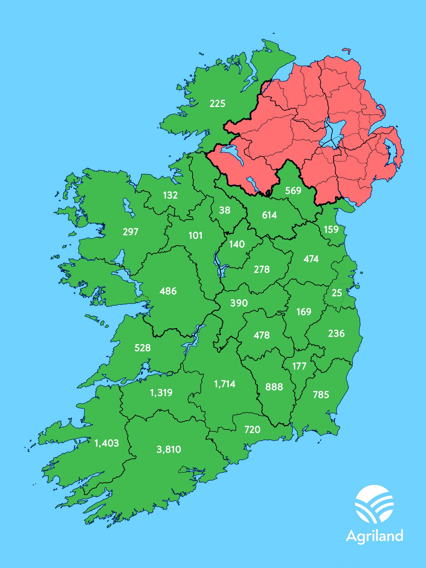 Map showing dairy herd numbers in each county
