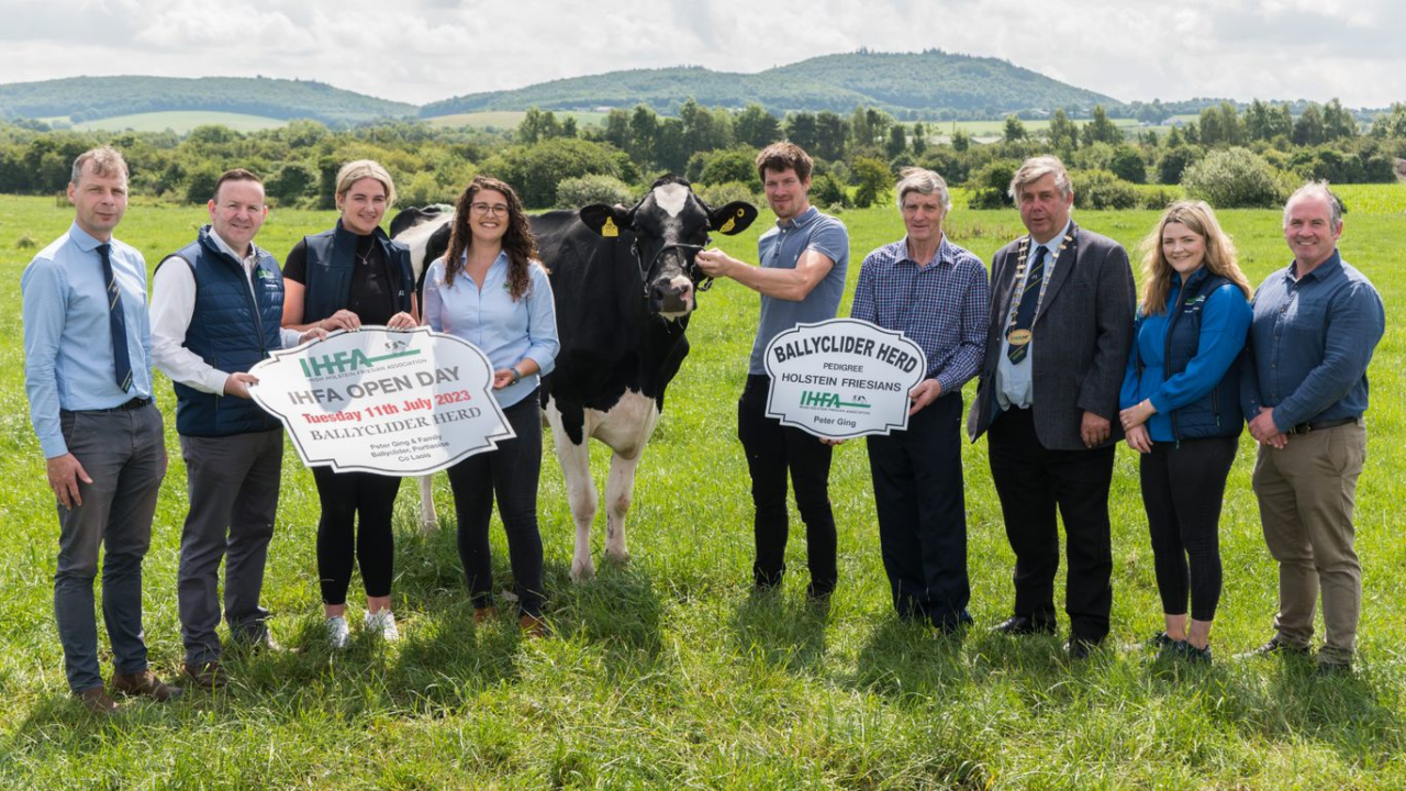 Donal Carey, Laurence Feeney CE, Ciara O’Mahony, and Rachel White of the IHFA; host farmer Paul and Peter Ging of the Ballyclider Herd, Richard Hamilton, President, Georgina Greenan, and Board member Leo Collins of the IHFA at the launch of the 2023 IHFA National Open DayImage: IHFA