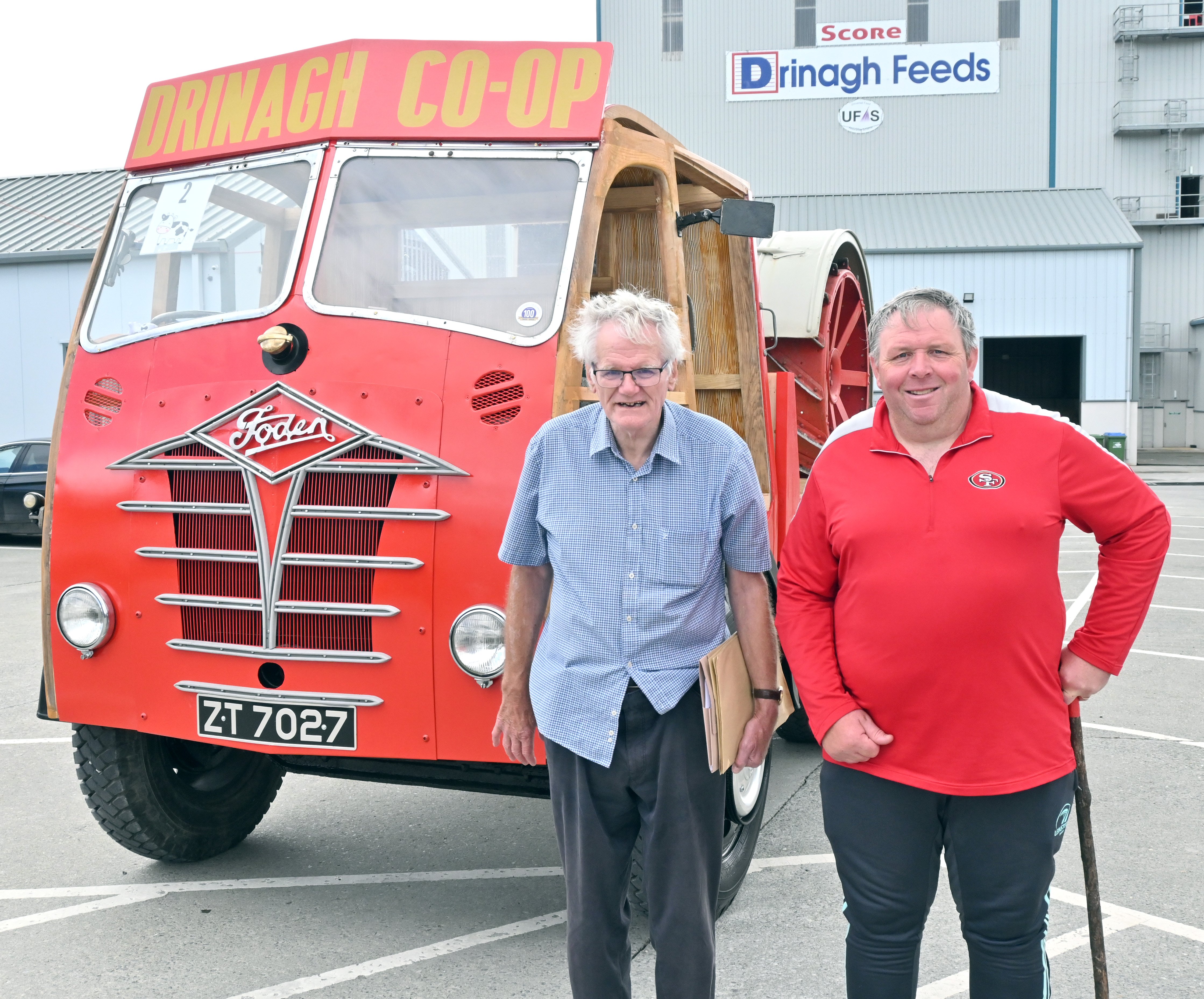 Colm Hegarty, originally from Drinagh and who is now living in Kilkenny, and Jerry Coakley, Drinagh, pictured at the Drinagh Centenary family day at Drinagh on Saturday. The Foden truck is one of the four Foden trucks that Drinagh owned in the early 1950s. The truck is now owned by Colm who brought it to Drinagh for the weekend celebrations. Image: Philip O’Regan, Drinagh