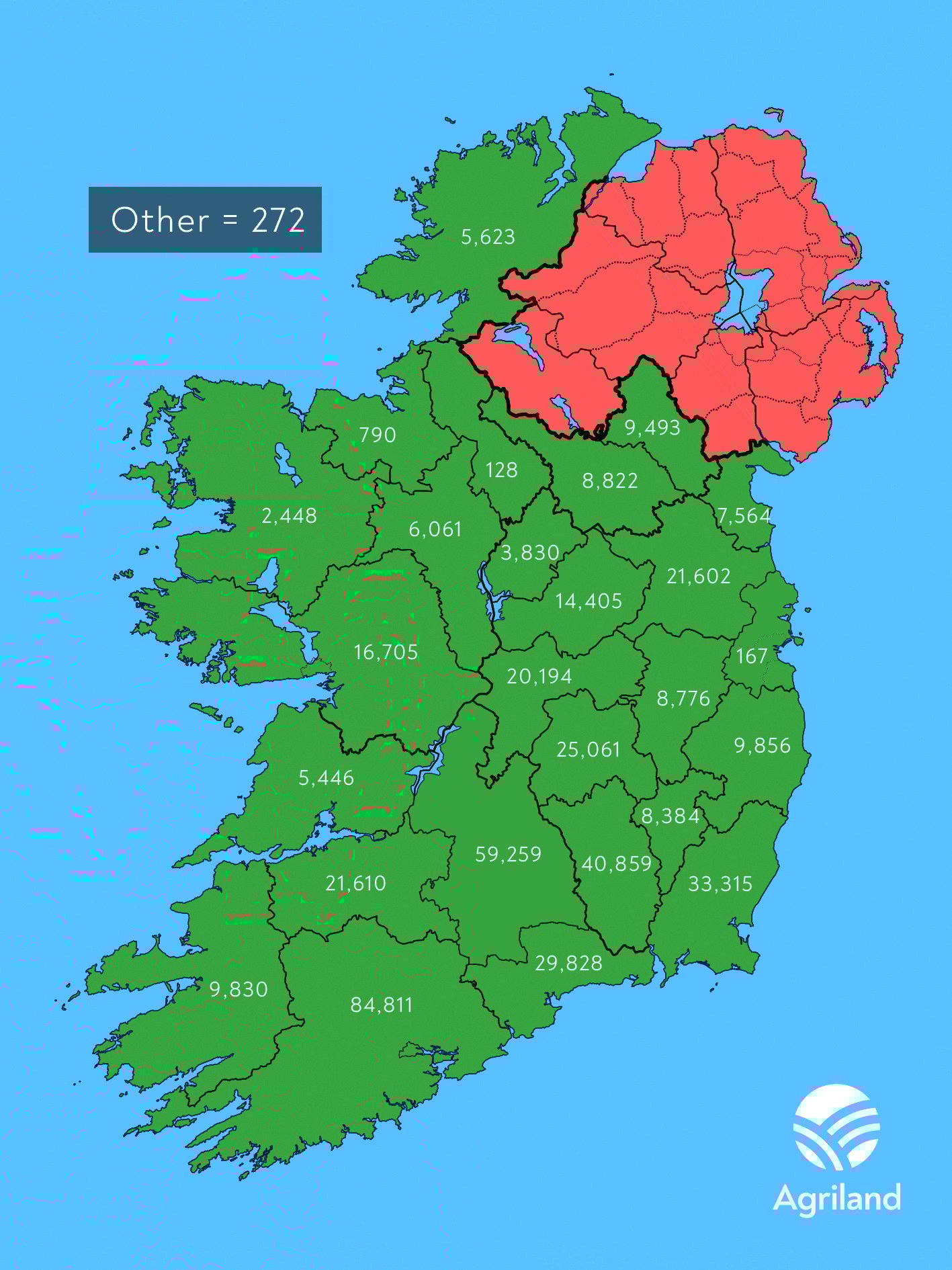 The map shows the increase in numbers in each county over the period of 2013 to 2023