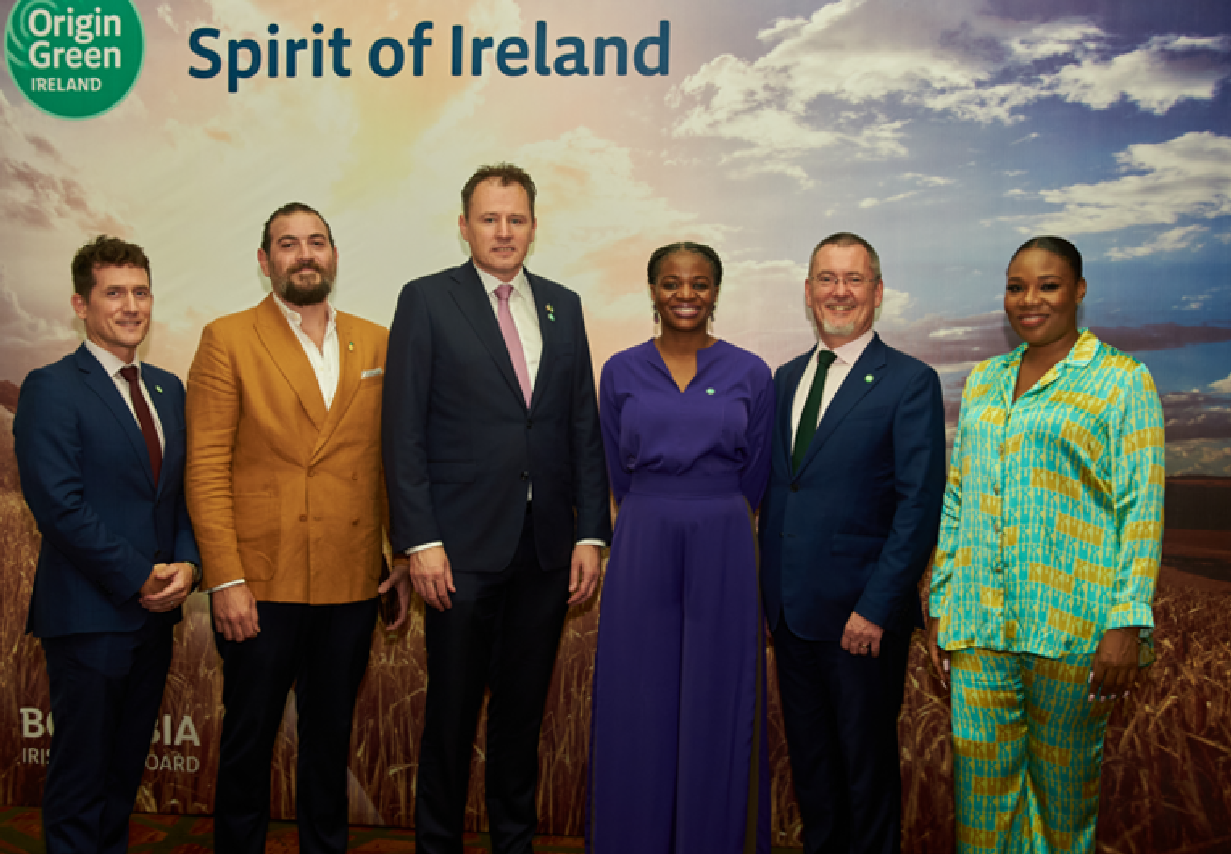 Bord Bia's Kieran Fitzgerald, Minister for Agriculture, Food and the Marine, Charlie McConalogue, Bord Bia's Ese Okpomo, West Africa market specialist and Jim O'Toole, chief executive of Bord Bia with guests at the African launch of Spirit of Ireland in Nigeria