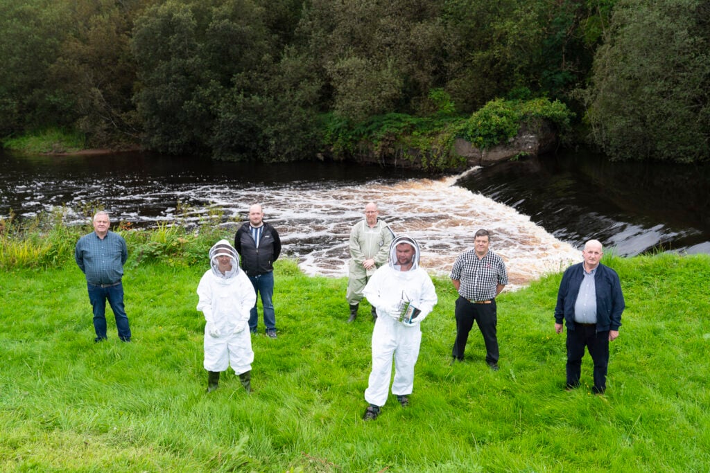 Beekeepers Cathrina O’Donnell and Nick Primett with Paul Connolly, National Federation for Group Water Schemes (NFGWS); Denis Mc Gowan, Clew Bay Group Water Scheme manager; Sean Corrigan, NFGWS; Richard Keane, Clew Bay Group Water Scheme; and Michael Mulhern, Glenhest Group Water Scheme