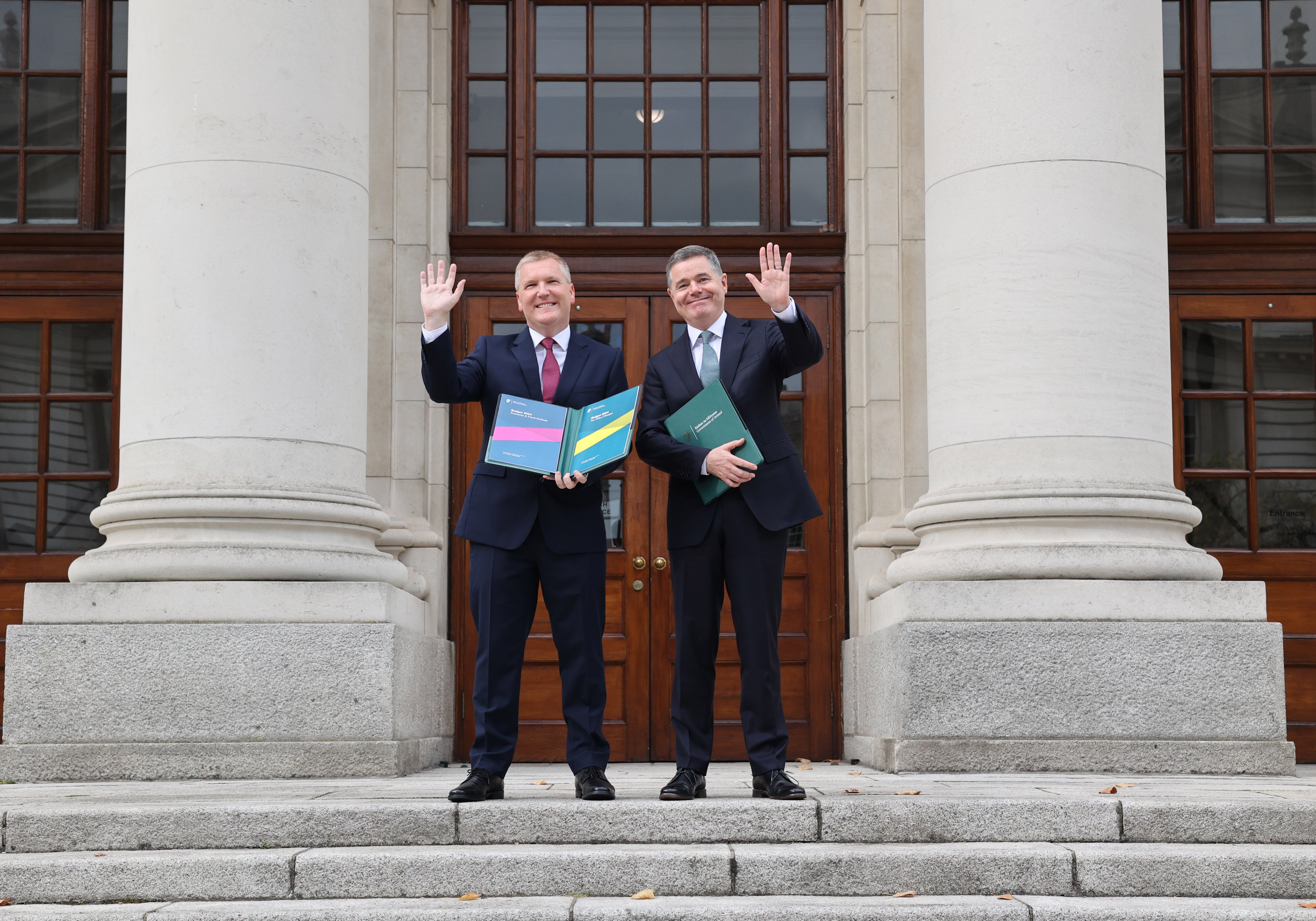 Minister for Finance Michael McGrath and Minister for Public Expenditure National Development Plan Delivery and Reform Paschal Donohoe pictured during a photocall in Government Buildings prior to delivering their Budget 2024 speeches today 10 October 2023.
Photograph: Government Information Service
