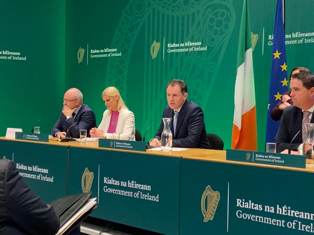 Minister for Agriculture, Food and the Marine, Charlie McConalogue, Minister of State with responsibility for Land Use and Biodiversity, Senator Pippa Hackett, and Minister of State with responsibility for Research and Development, Farm Safety and New Market Development, Martin Heydon at a post-Budget 2024 press conference today (Wednesday, October 11)