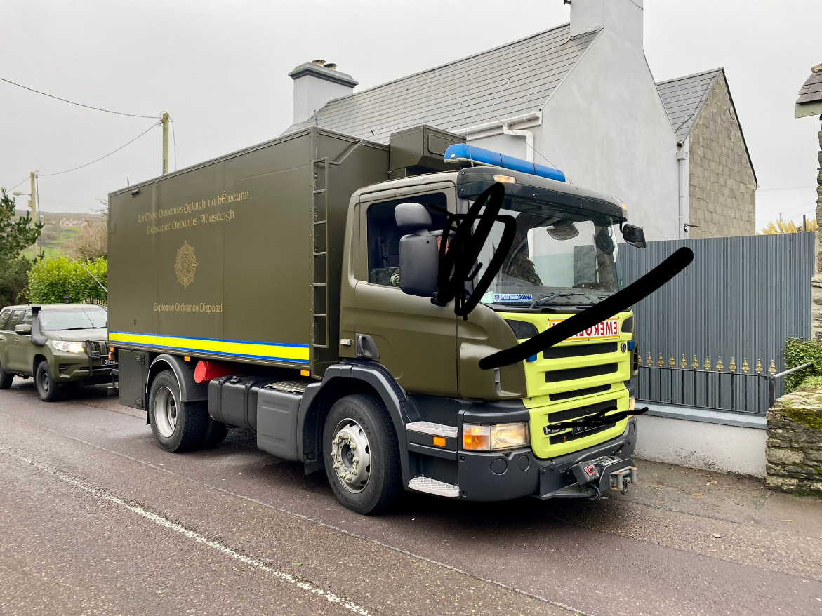 The Explosive Ordnance Disposal service truck and jeep at Keane's site yesterday. Source: @fergalrte on X