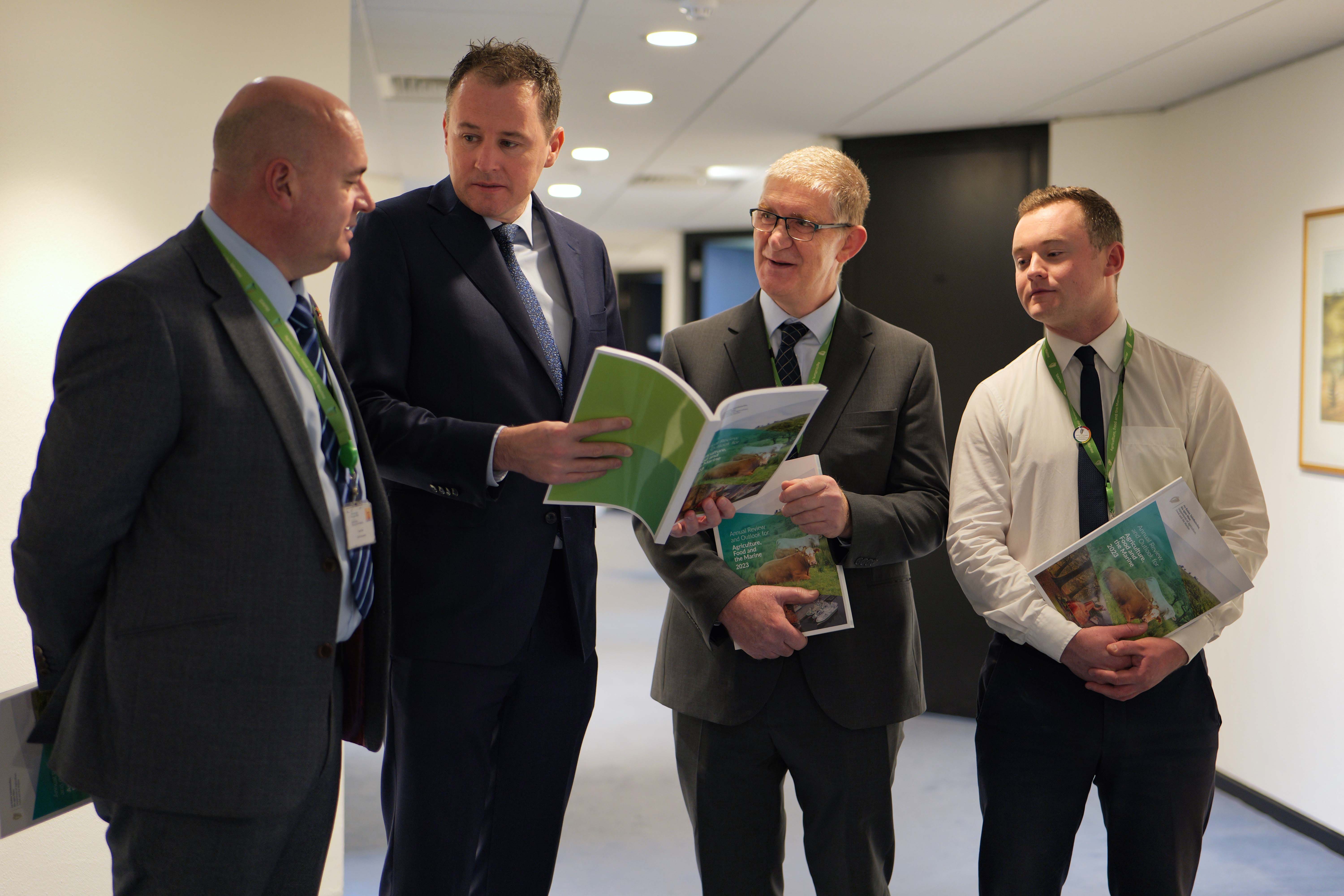 Minister for Agriculture, Food and the Marine Charlie McConalogue with DAFM chief economist Seán Bell and department colleagues Charlie Brophy and Adam Houlihan