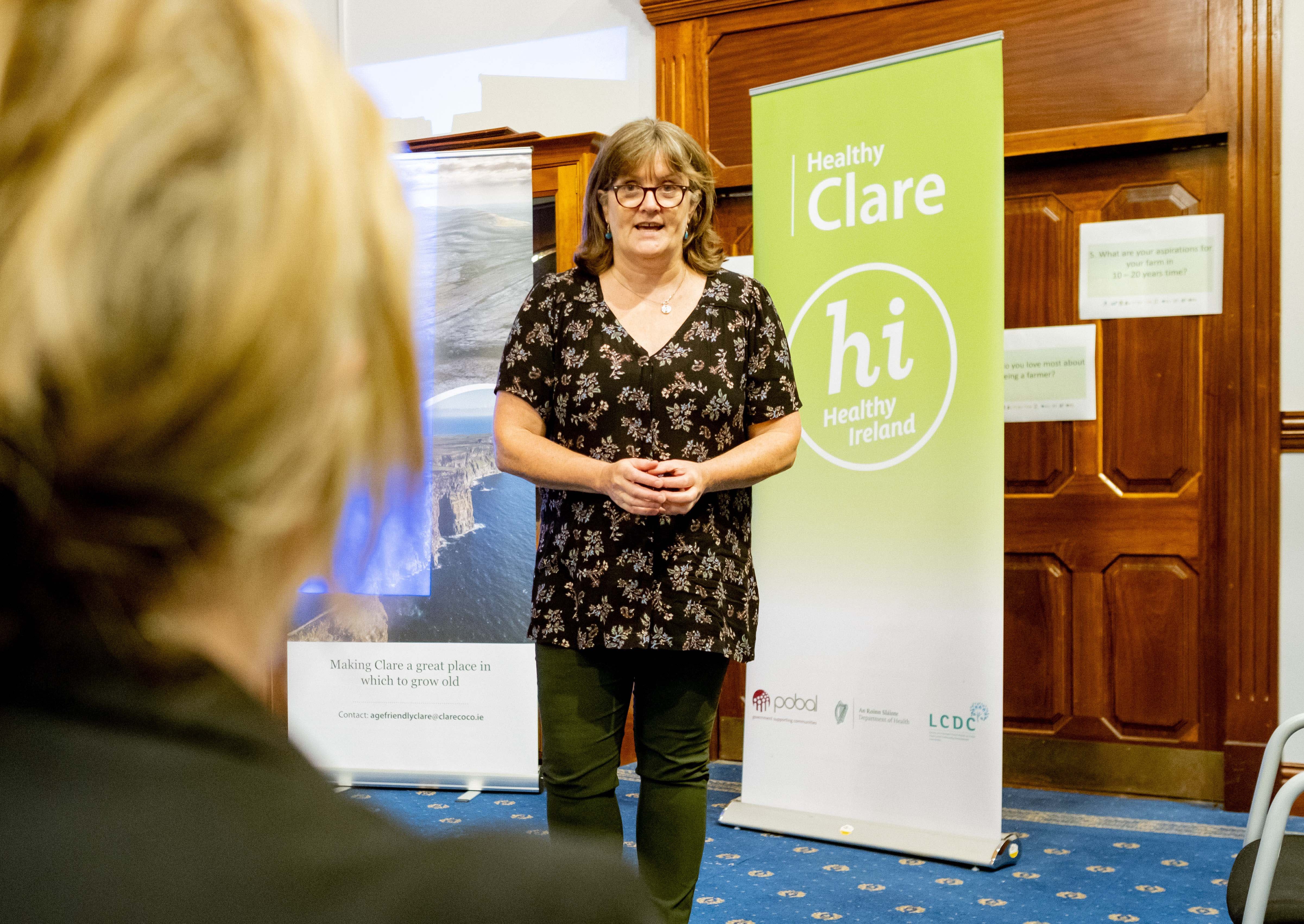 Paula Carroll of Cuimhneamh an Chláir addressing farmers at a Weaving Stories Together session in Ennis. Image source: Paul Corey