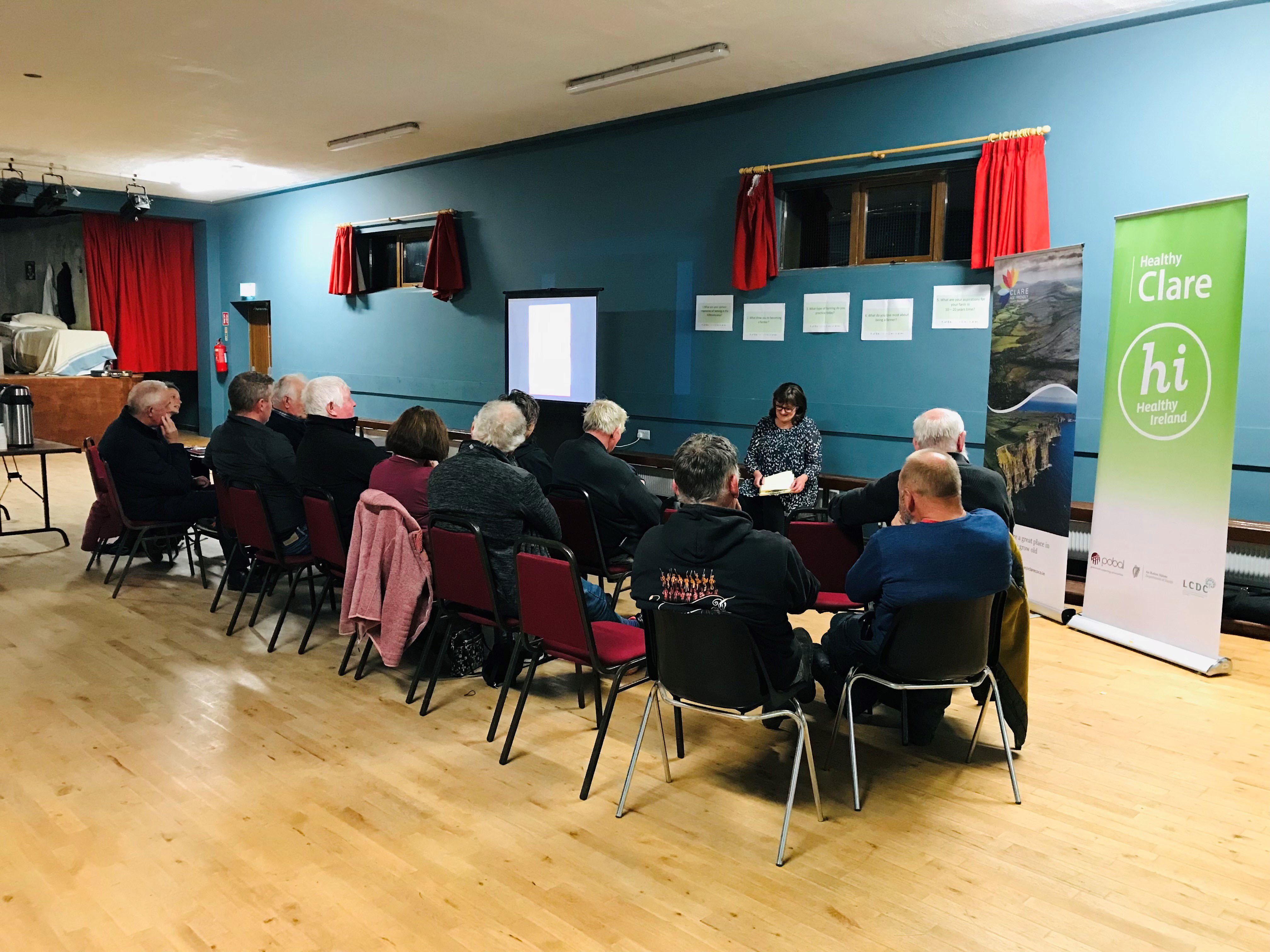 Paula Carroll of Cuimhneamh an Chláir pictured with farmers at a ‘Weaving Stories Together’ session in Kilfenora. Image source: Paul Corey