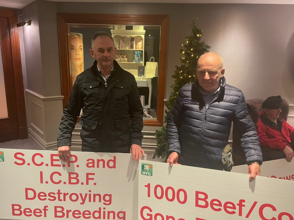 Sean Whelan and Donie Shine protesting at the 2023 National Beef Conference