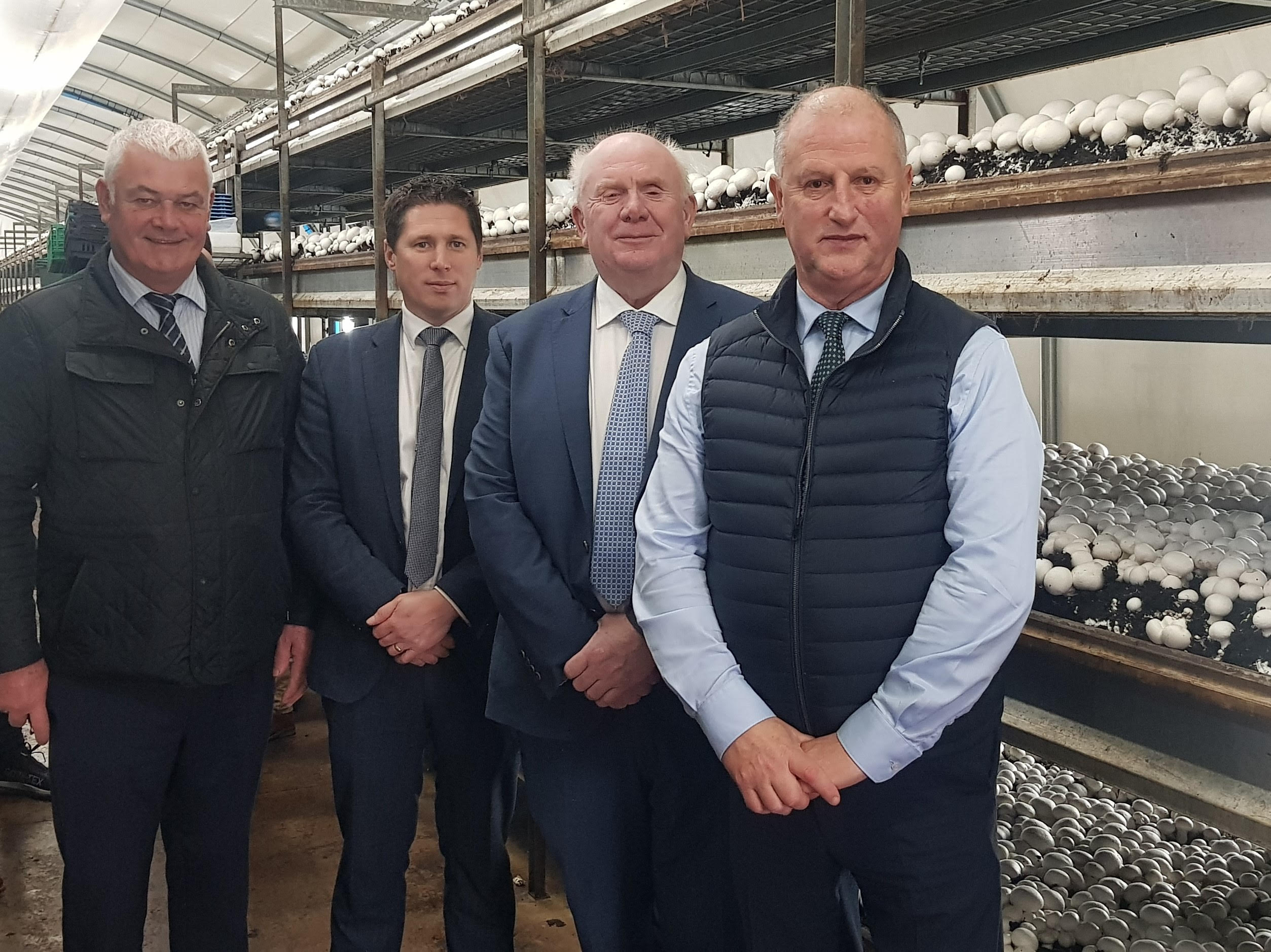 L-R: Senator Paul Daly; TD Matt Carthy; TD Jackie Cahill: and Senator Victor Boyhan at Cornacrieve Mushroom Farm in Co. Monaghan
