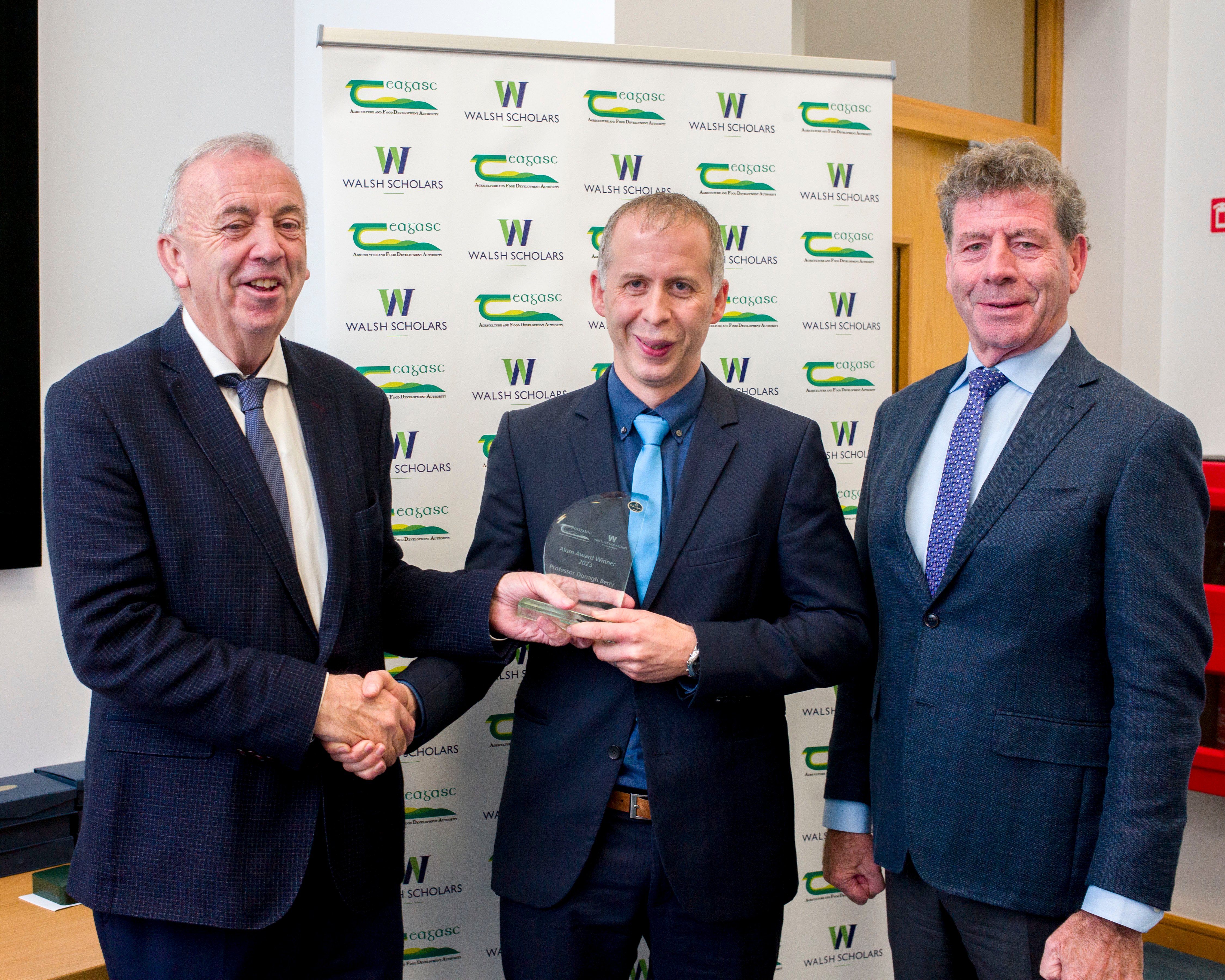Prof. Donagh Berry, the Walsh Scholars Alum Award winner pictured with Teagasc director of research Prof. Pat Dillon and Teagasc chair Liam Herlihy