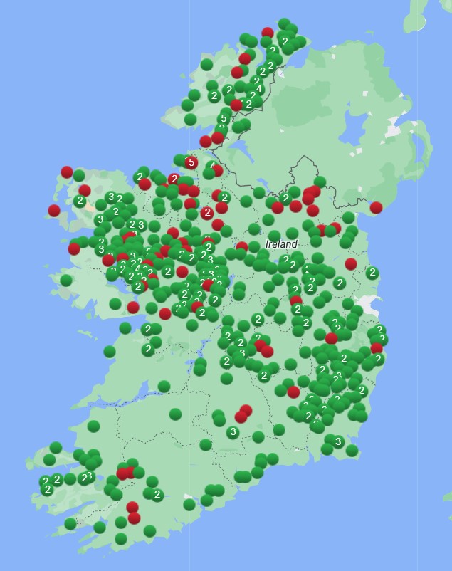 Green dots represent seronegative flocks and red dots represent seropositive flocks. Numbers in circles indicate more than one flock sampled within that specific area Source: DAFM