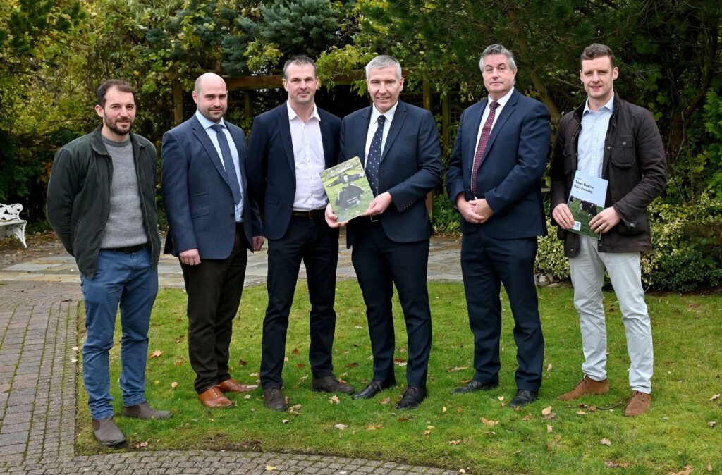 (L-R): Farmers David Thompson, John Oliver, and Mark Blelock with DCNI chief executive Ian Stevenson, George Moffett from DAERA, and Dr Jonny Bell from RSPB.