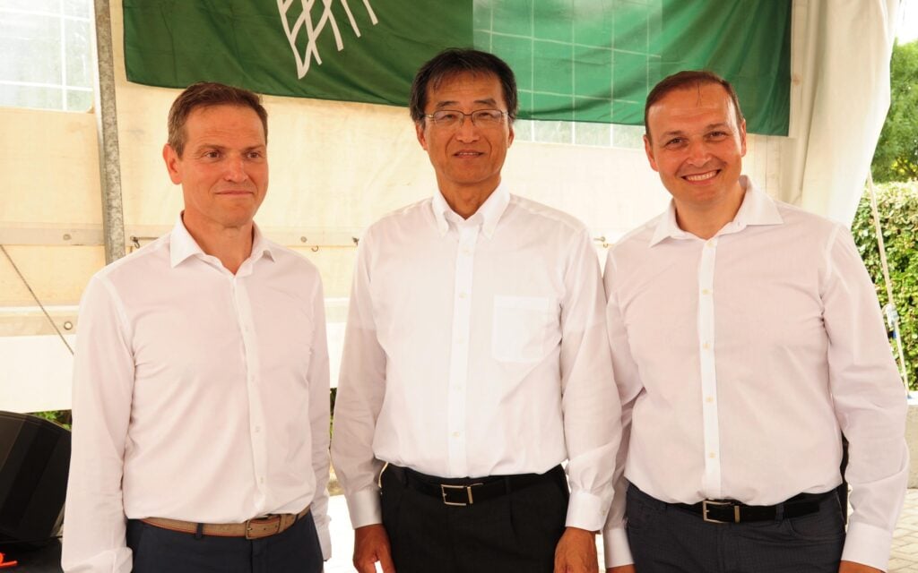 Yasukazu Kamada with Raffaele, left, and Denis Ubaldi,  founding brothers of Kverneland subsidiary, ROC