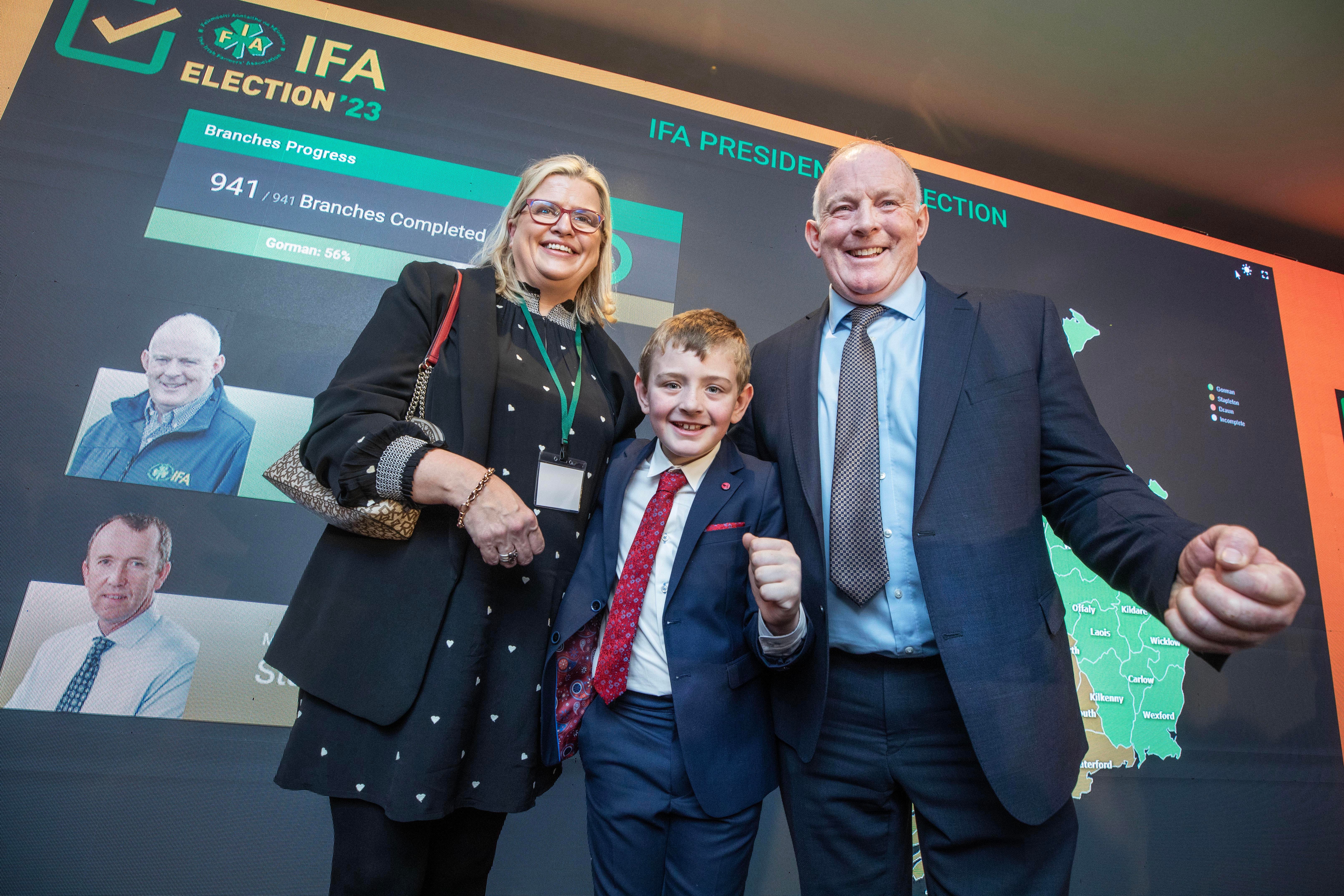 Francie Gorman is congratulated by his son Tom and wife Kay, as it's announced he was elected 17th president of the IFA, at the election count in Castleknock. Image source: Finbarr O'Rourke