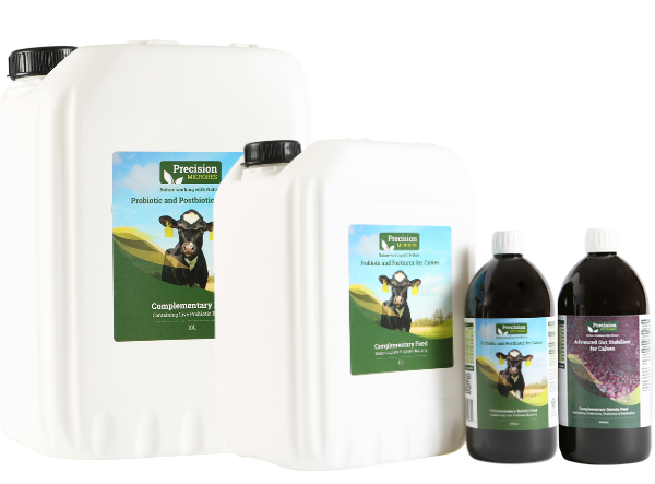 Precision Microbes Probiotic and Postbiotic for calves: 20l, 10l, 1l and Advanced Gut Stabiliser 1l