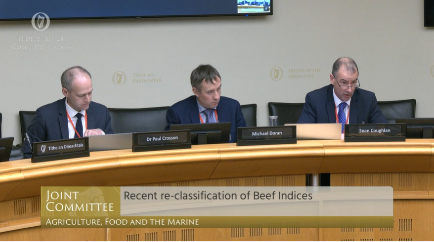 Dr. Paul Crosson, Teagasc, Michael Doran, chair ICBF and Sean Coughlan, chief executive ICBF before the Oireachtas committee Souce: Oireachtas TV