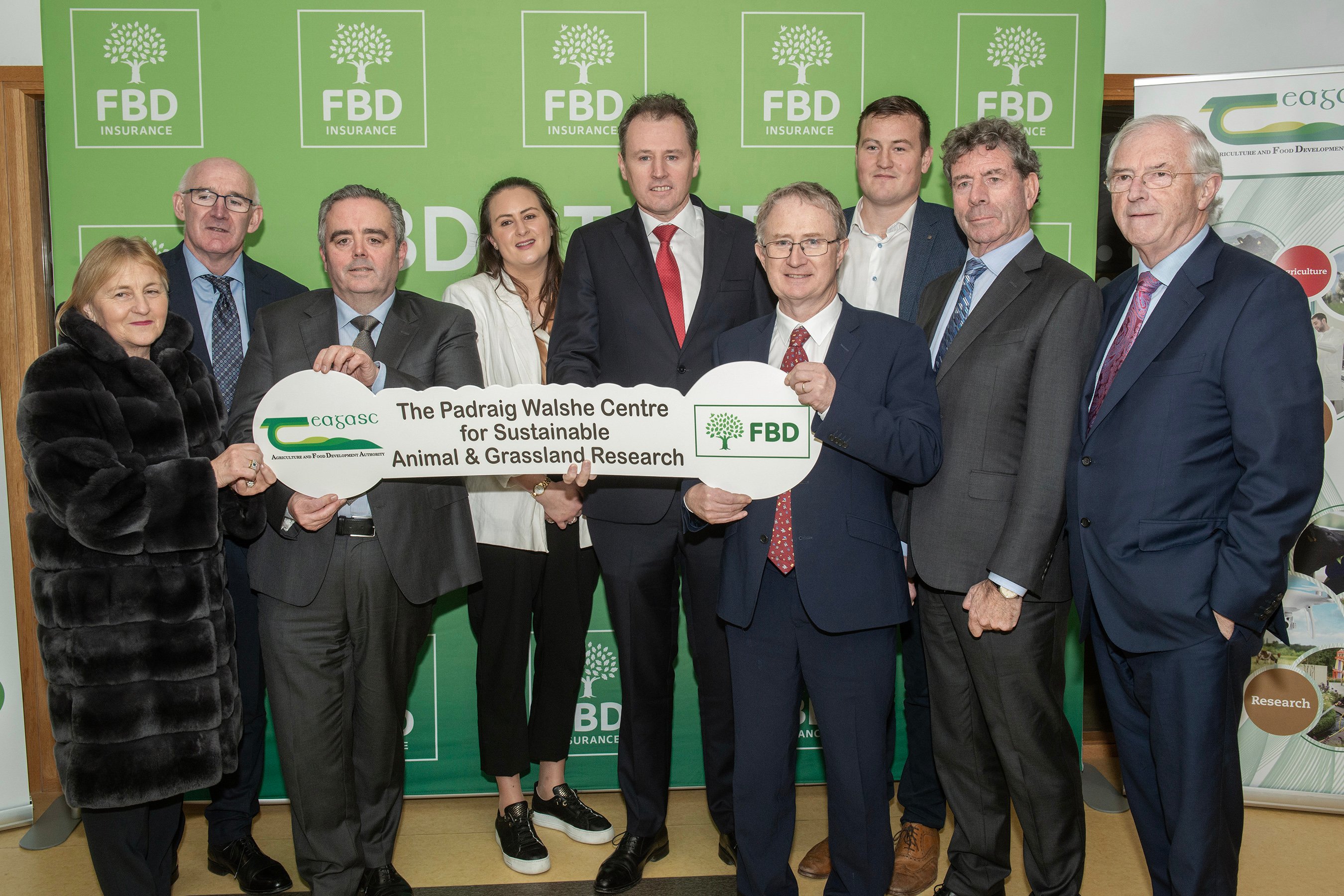 The announcement that contributions by FBD amounting to €6 million have been made to the development of a new Centre for Sustainable Animal and Grassland Research at Teagasc Moorepark, Fermoy Co Cork. Pictured are Ella Walshe, Pat Murphy, Chairman Farm Business Developments, Tomás Ó Midheach, CEO FBD Holdings Plc, Elma Walsh, Charlie McConalogue T.D., Minister for Agriculture, Food &amp; the Marine, Professor Frank O'Mara, Teagasc Director, Patrick Walshe, Liam Herlihy, Chairman &amp; Michael Berkery, Chairman FBD Trust. Photo O'Gorman Photography.