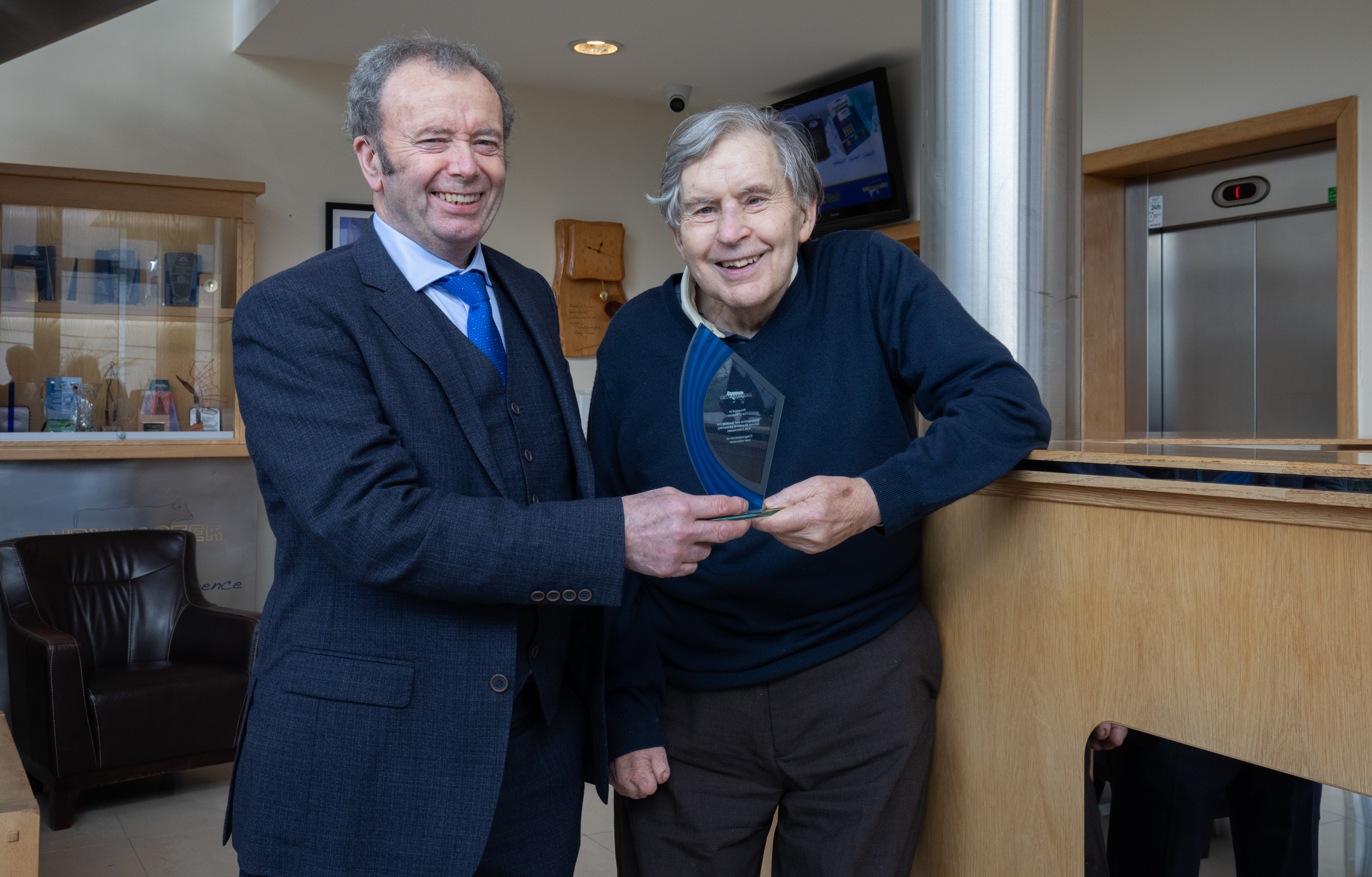 Tim O'Mahony from East Cork and Waterford dairy services with Ned Harty, founder of Dairymaster