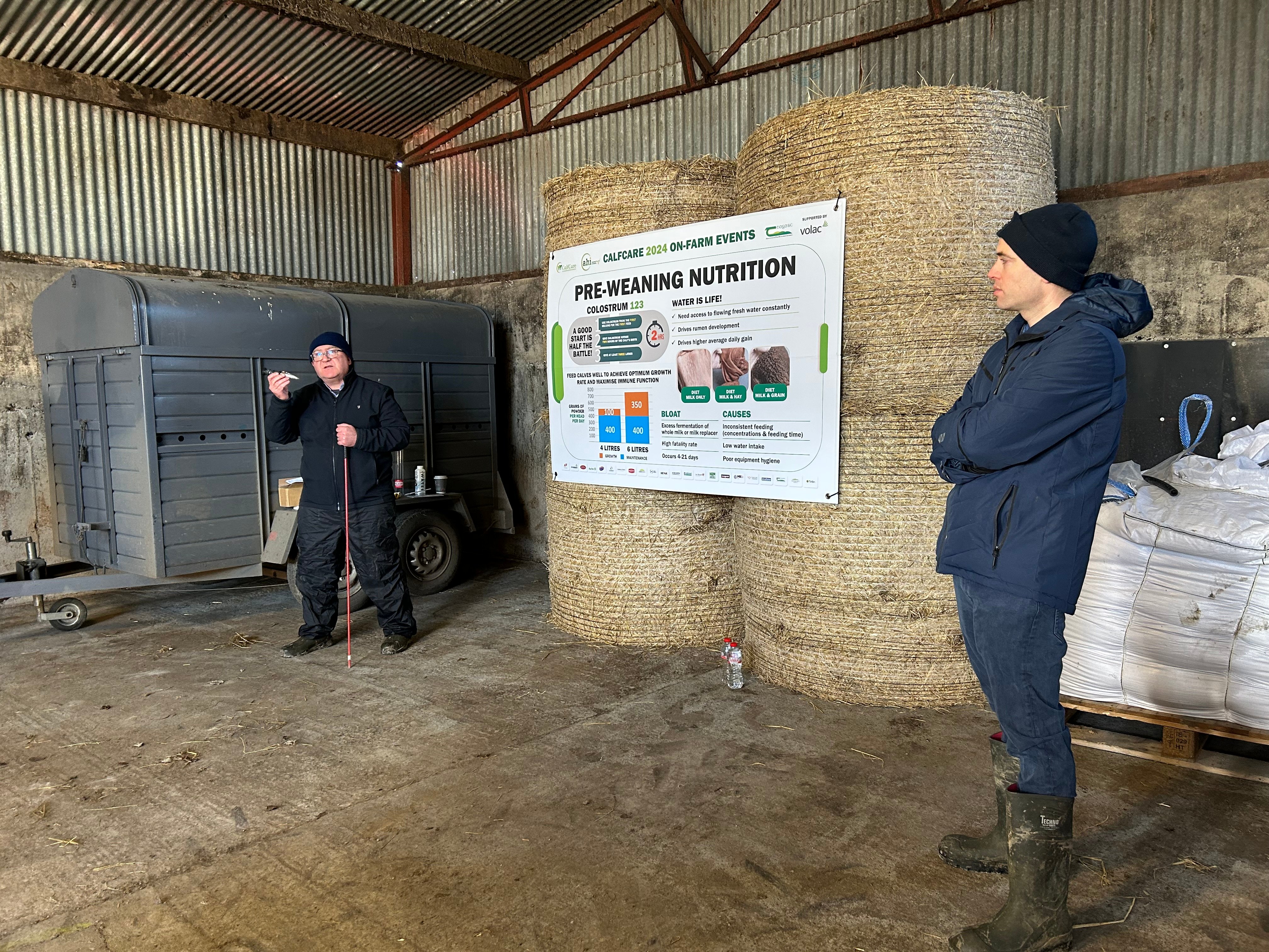 Liam Gannon from Volac and Lorcan Dooley from Teagasc speaking at the Calfcare event in Kildare