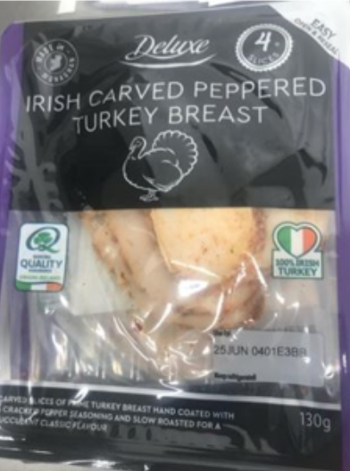 Deluxe Irish Carved Peppered Turkey Breast, pack size 130g, use-by 25 June is being recalled. Source: FSAI