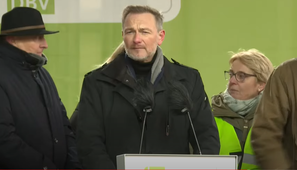 Germany's Federal Minister of Finance, Christian Lindner at the protest today. Source: Pro 7 newstime.digital, Youtube