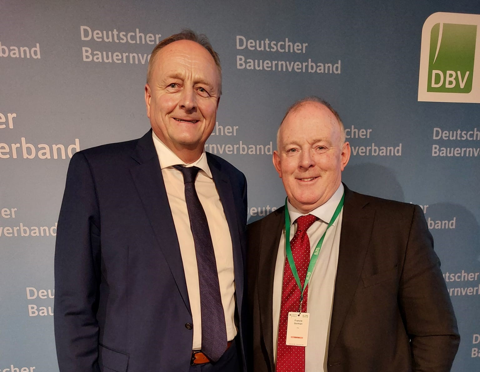 DBV president Joachim Rukwied with IFA president Francie Gorman at the Green Week 2024 in Berlin. Source: IFA, X