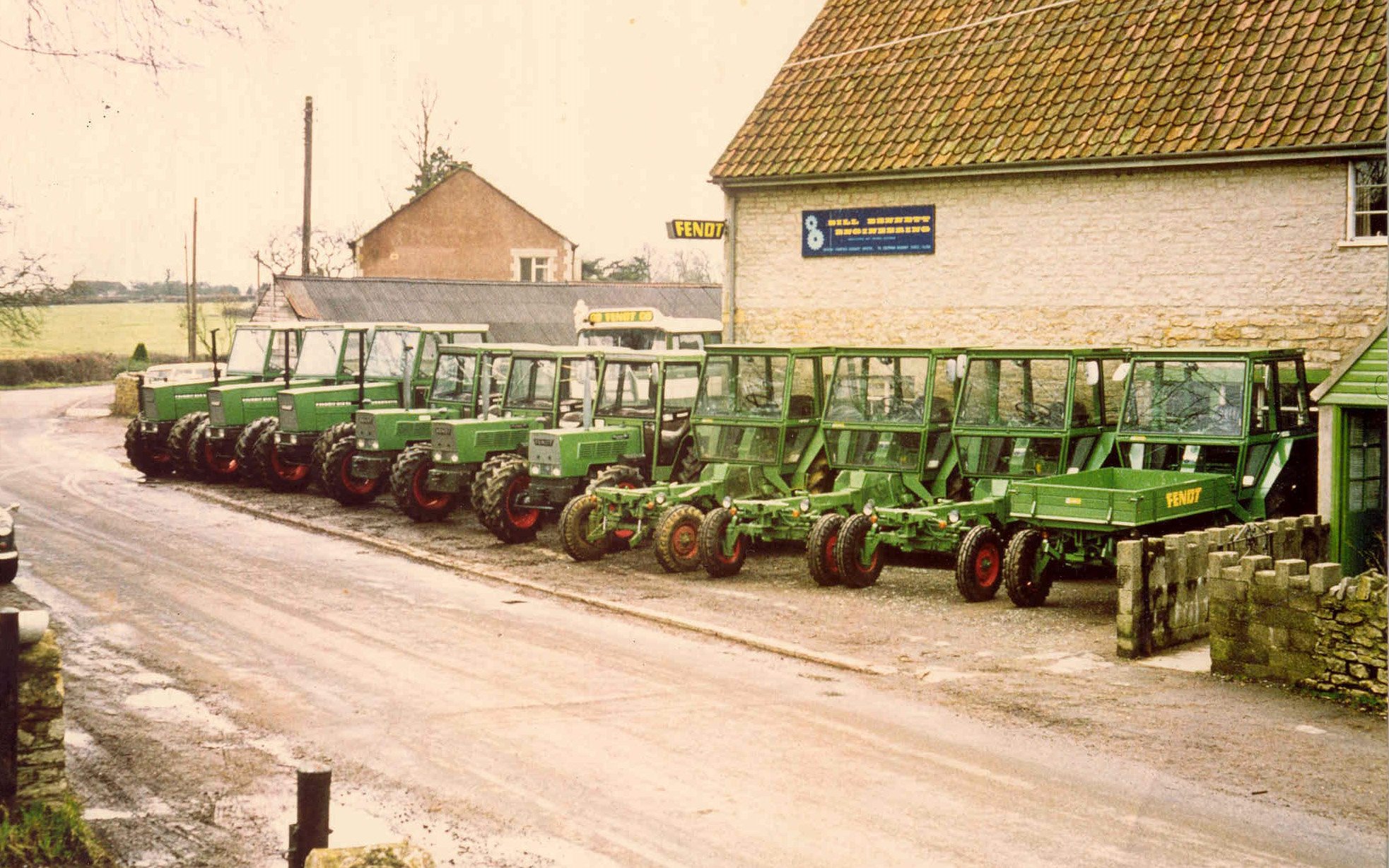 The old premises of Bill Bennet engineering with an array of tool carriers fronting the road