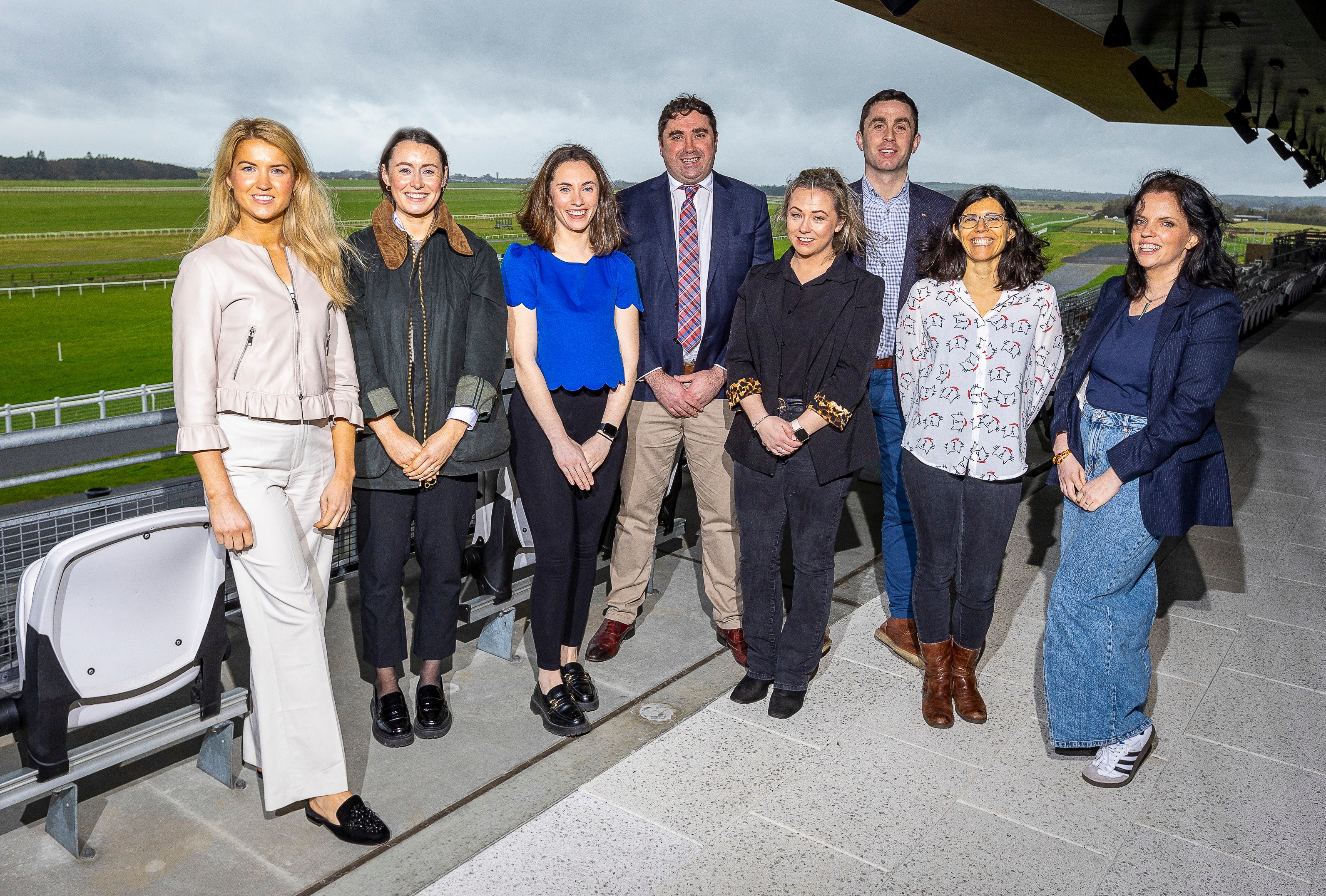 The committee of the Irish Pig Health Society, pictured at The Curragh Racecourse, which will host the society’s annual symposium. L-r: Hannah Ryan; Hazel Rooney; Eadaoin Conway; Peter Duggan; Fiona O’Meara; Thomas Gallagher; Carla Gomes; and Amy Quinn.Image source: Fennell Photography
