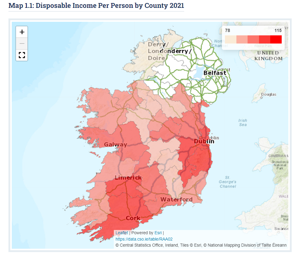 Disposable income per person by county 2021. Data source: CSO