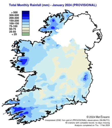 &nbsp;&nbsp;Total monthly rainfall (mm) for January 2024 (provisional) Source: Met Éireann