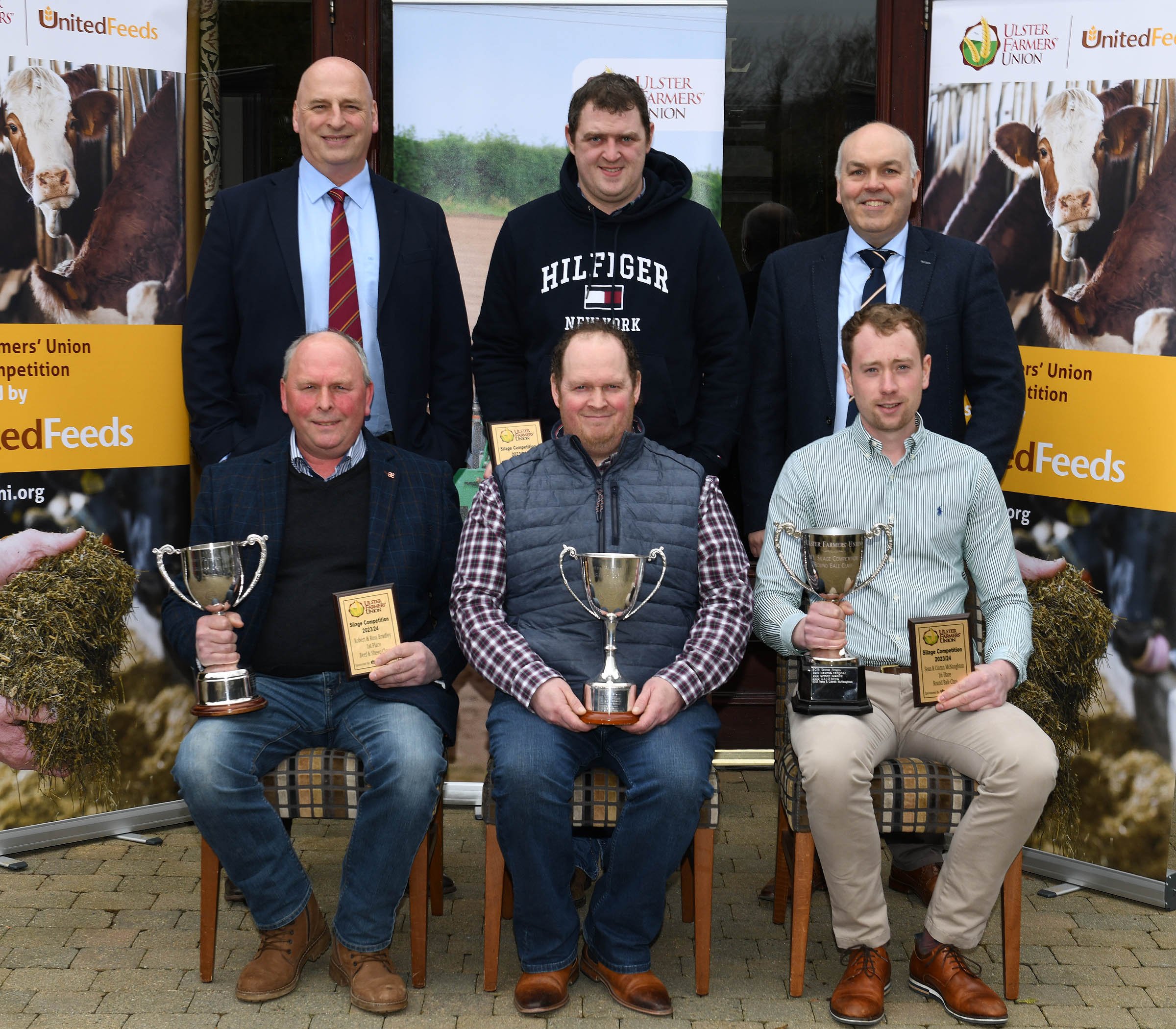 Back row (l-r): John McLenaghan UFU; Johnathan Dickson (alternative forage); Clarence Calderwood, United Feeds. Front row (l-r): Robert Bradley (beef/sheep); Clifton Dickson (alternative forage); and Ciaran McNaughton (round bale)