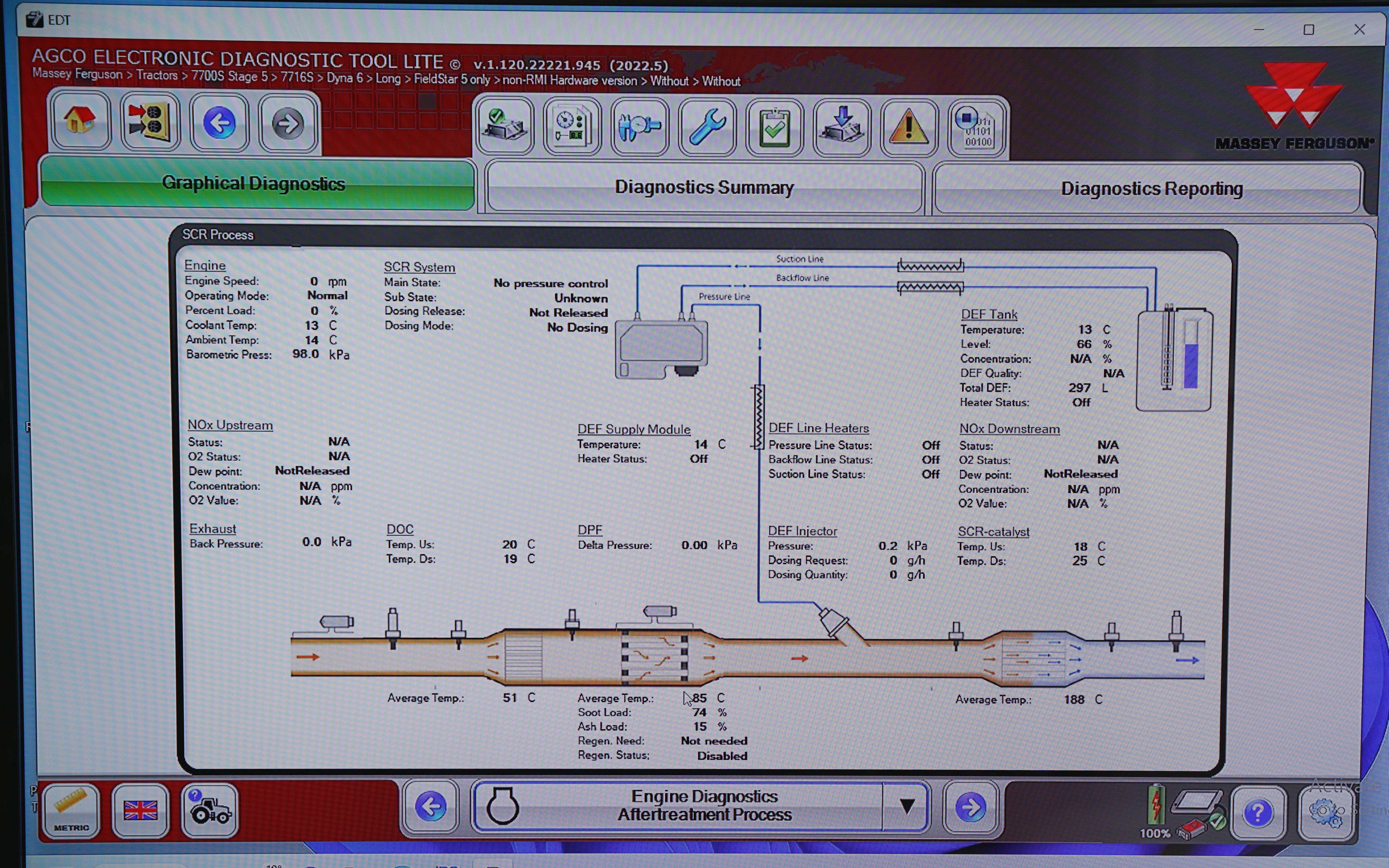 Massey Ferguson diagnostics will display the current state and settings of the tractor's exhaust system