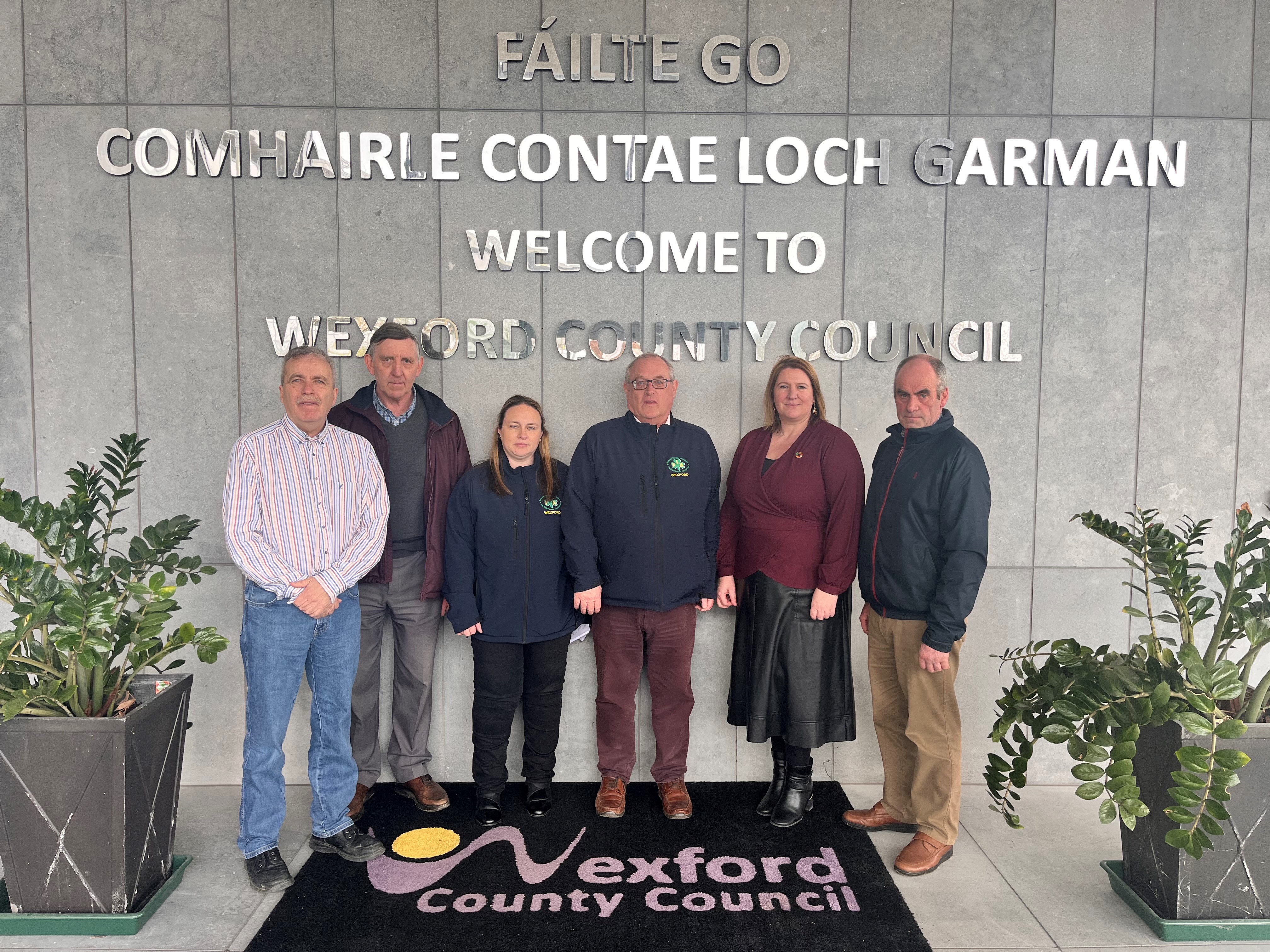 (L-R) Gerry Forde, Tom Doyle, Jackie Whelan Fagan, Wexford IFA chair Jer O' Mahony, Carolyne Godkin and Pat Murray. Image Source: Wexford County Council on X/Twitter