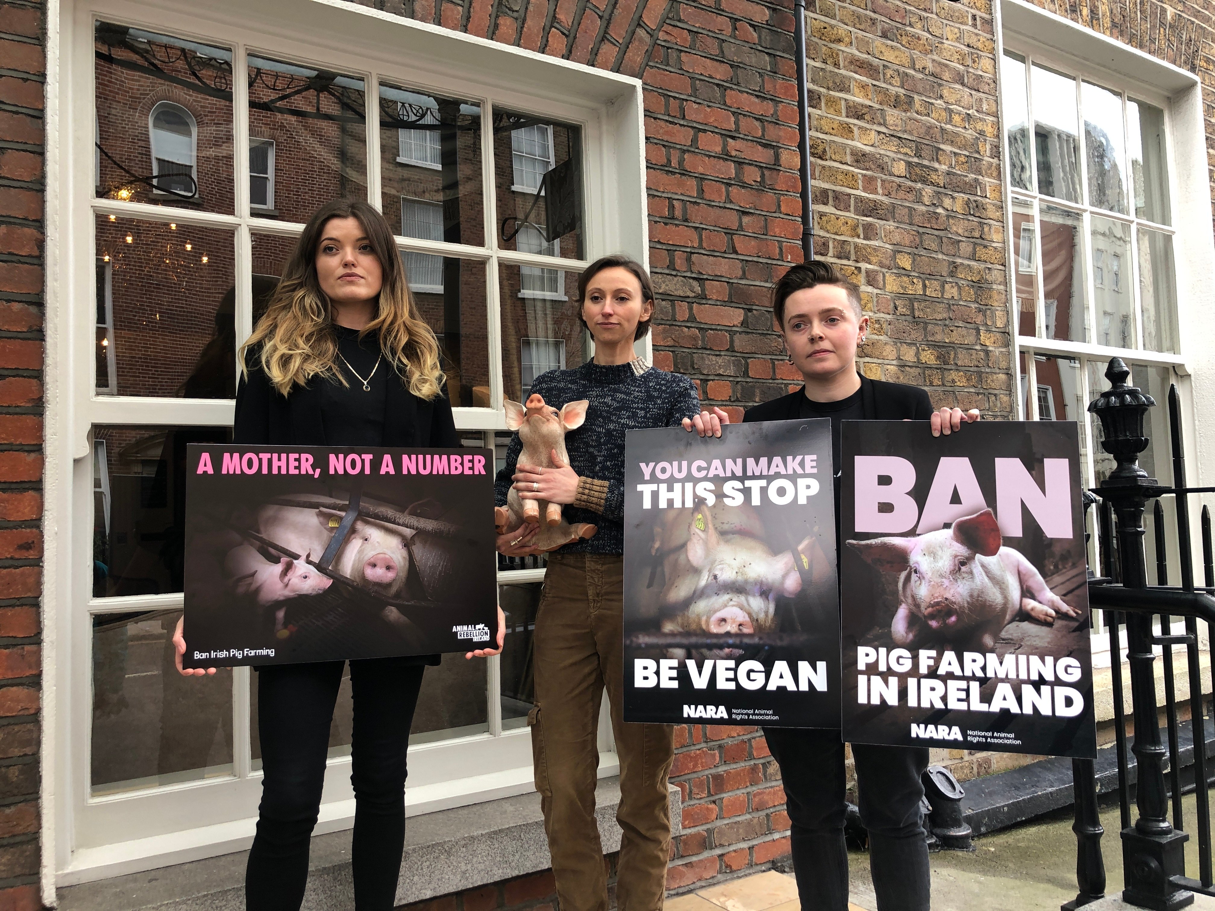 L-r: Animal Rebellion Ireland representative, Becky Jenkins; former UK pig industry vet, Dr. Alice Brough; and National Animal Rights Association spokesperson, Laura Broxson at a press conference in Dublin which revealed the footage of pigs.