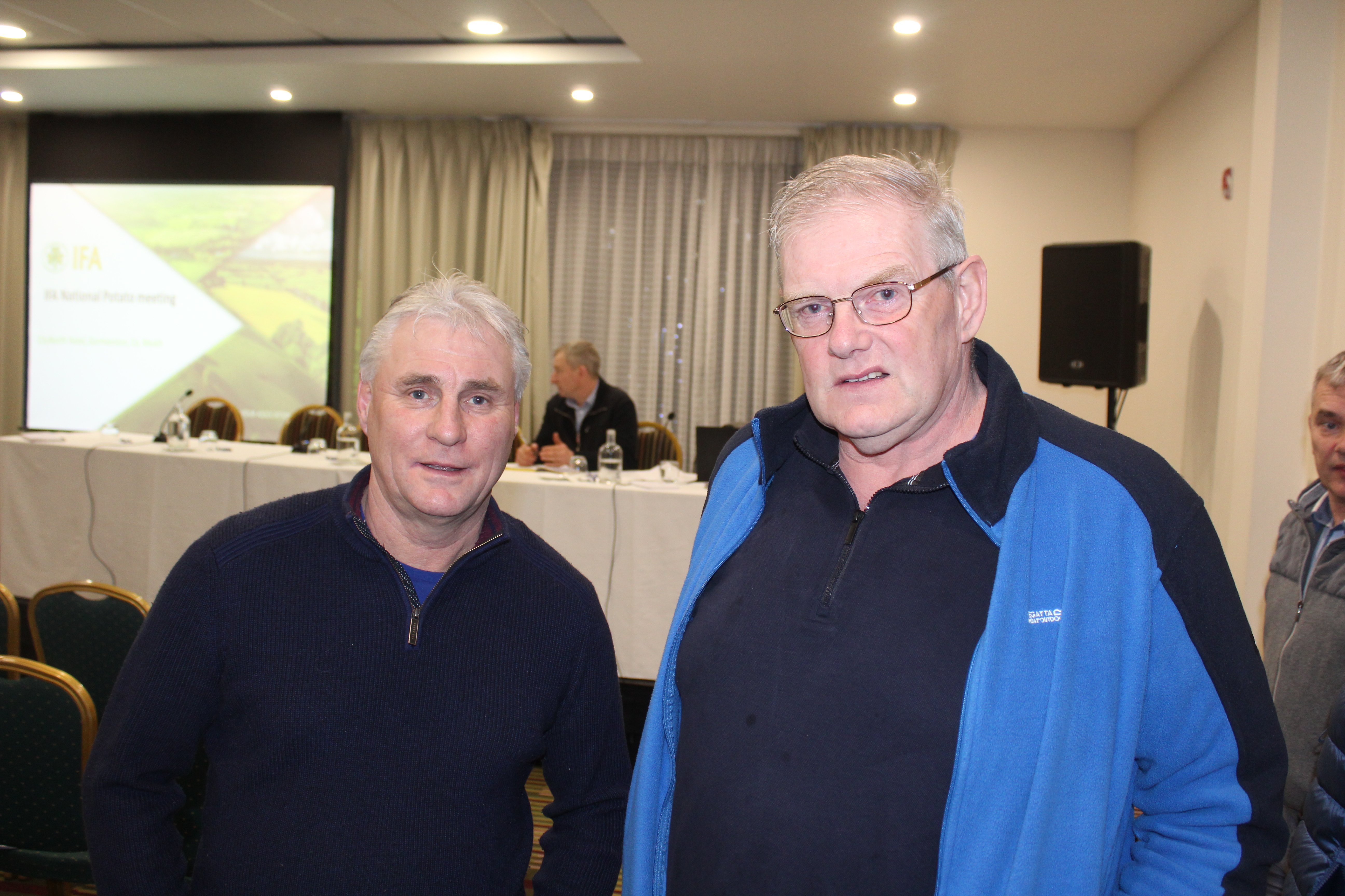 Chatting at the recent IFA national potato meeting (l-r): Ivan Curran, Stamullen, Co. Meath and Graham Sweeney, Tallanstown, Co. Louth